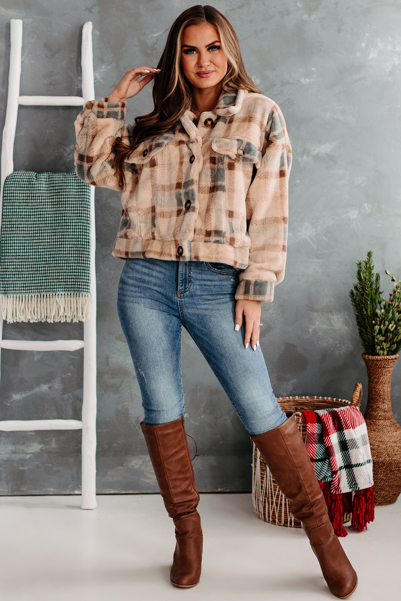 Too Much Fur You Plaid Faux Fur Jacket (Cream)-The Formal Wear