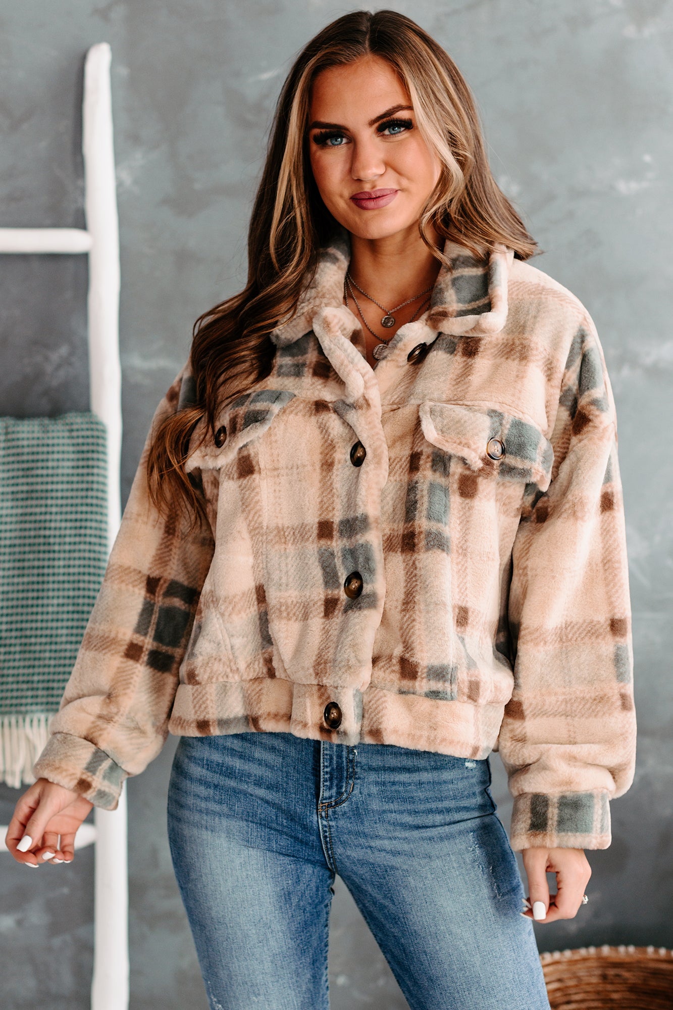 Too Much Fur You Plaid Faux Fur Jacket (Cream)-The Formal Wear