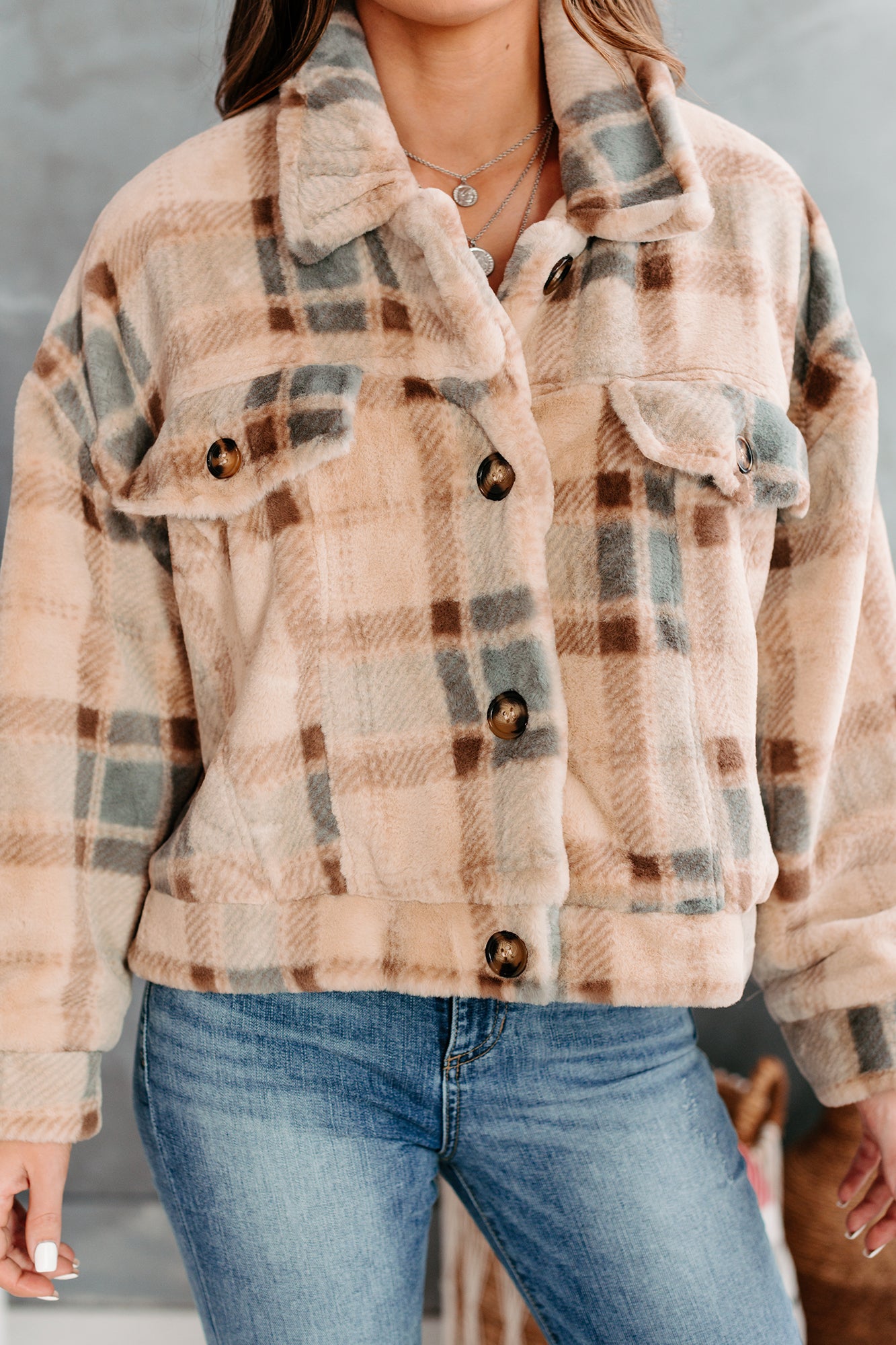 Too Much Fur You Plaid Faux Fur Jacket (Cream)-The Formal Wear