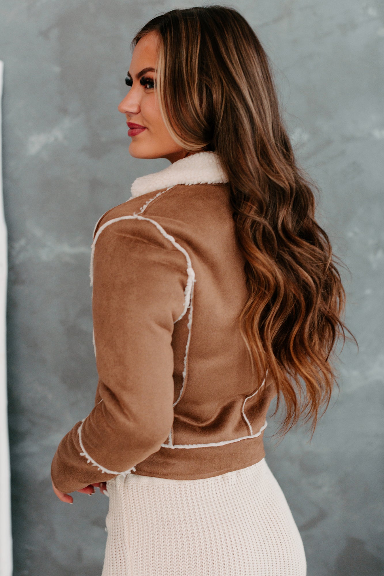 Caught In A Memory Sherpa Lined Faux Suede Jacket (Taupe)-The Formal Wear