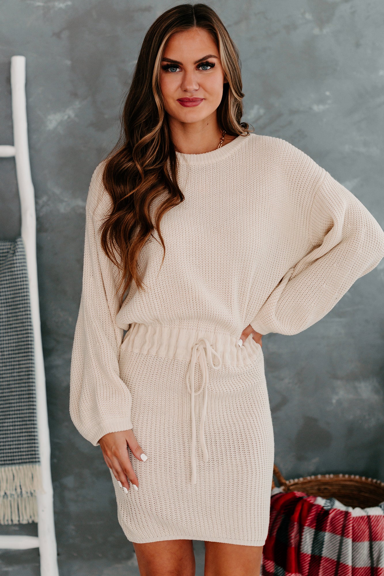 Enhanced Beauty Drawstring Waist Sweater Dress (Cream)-The Formal Wear
