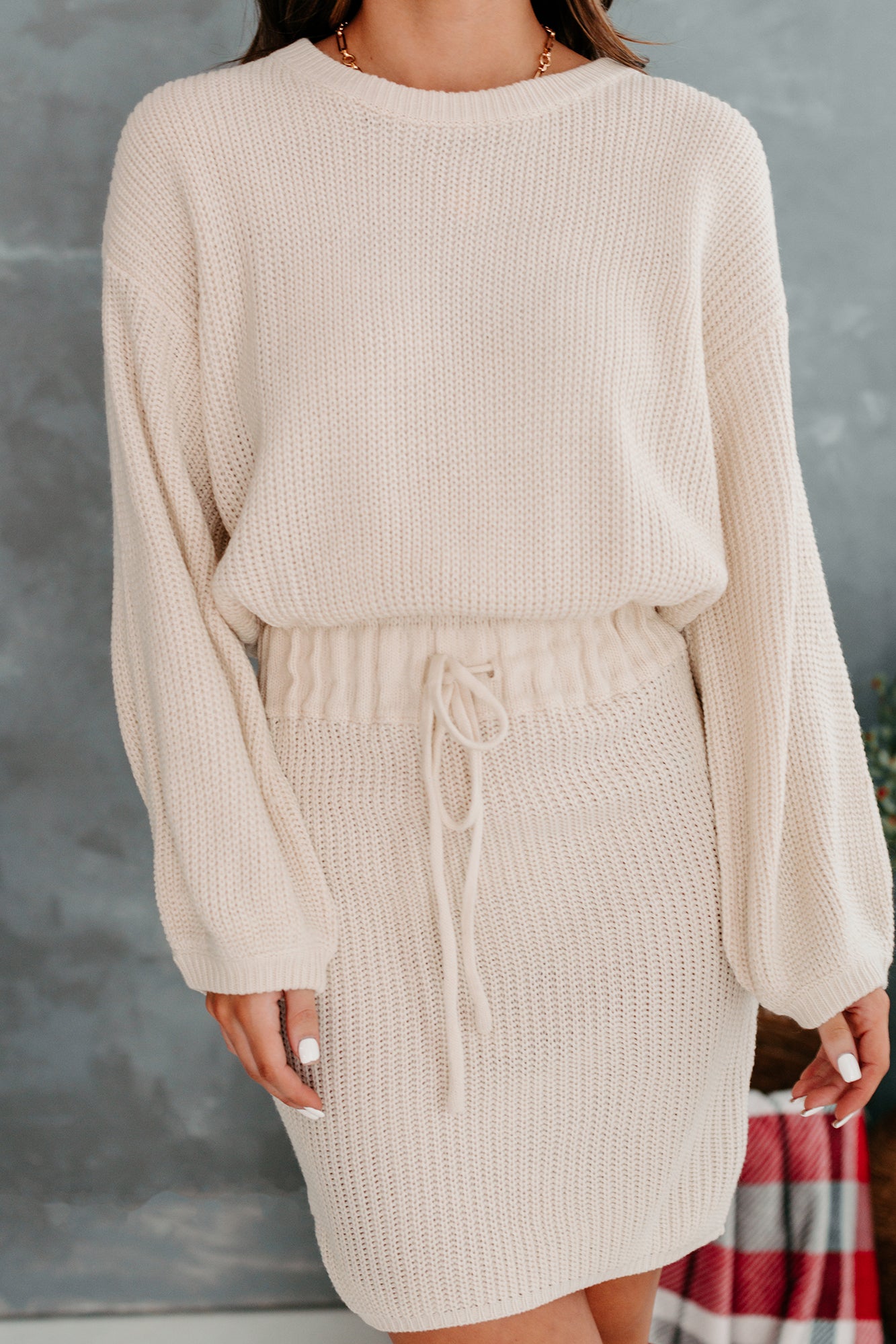 Enhanced Beauty Drawstring Waist Sweater Dress (Cream)-The Formal Wear