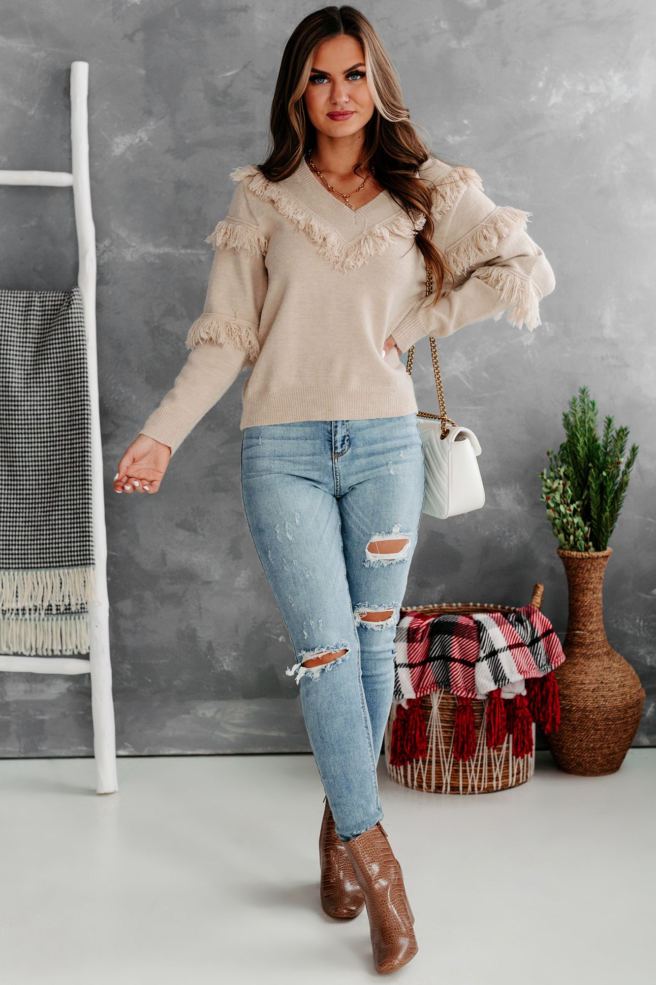 Feeling Fringy V-Neck Fringe Detail Sweater (Beige)-The Formal Wear