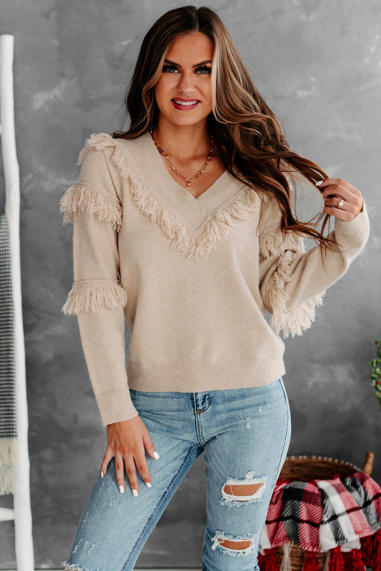 Feeling Fringy V-Neck Fringe Detail Sweater (Beige)-The Formal Wear