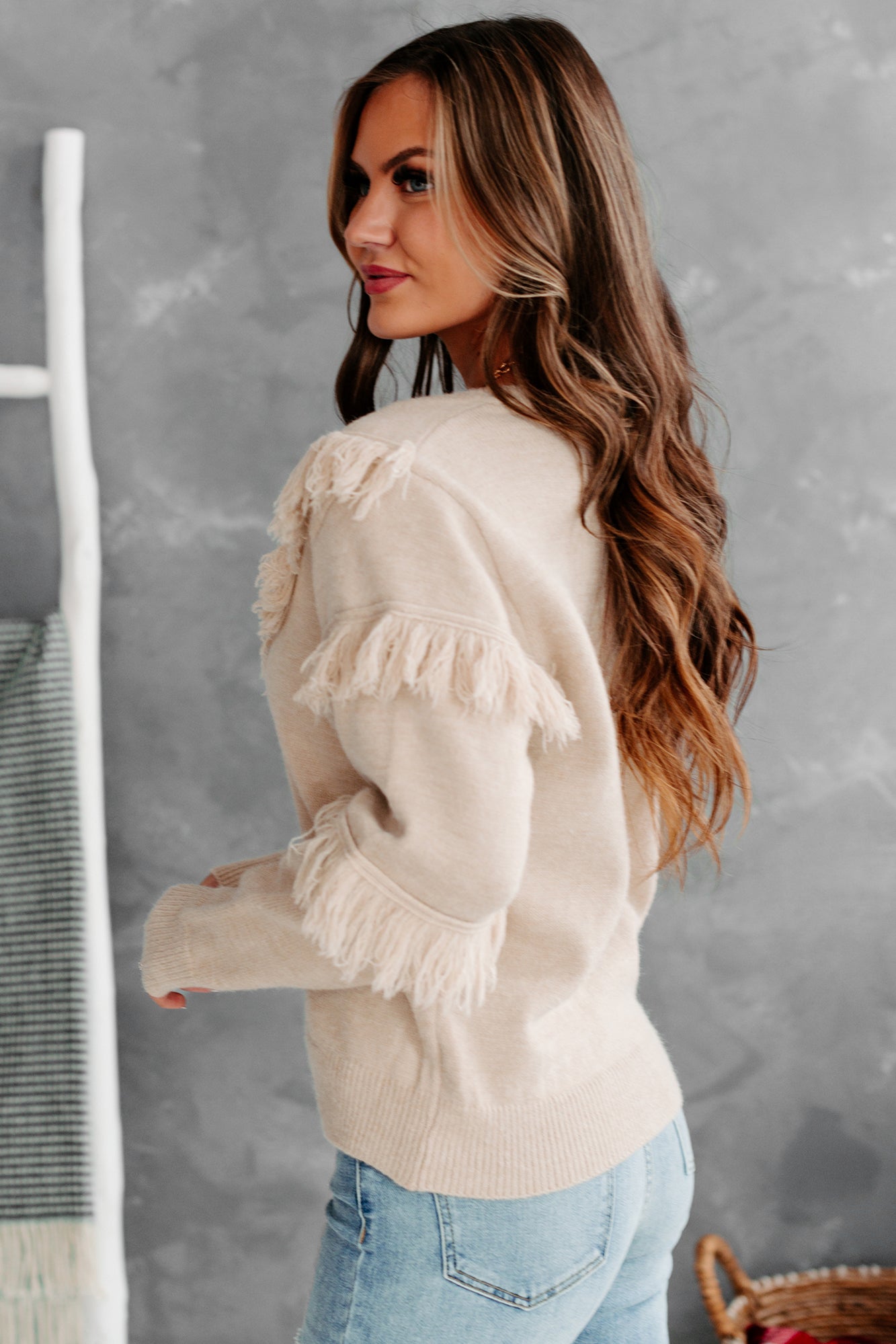 Feeling Fringy V-Neck Fringe Detail Sweater (Beige)-The Formal Wear