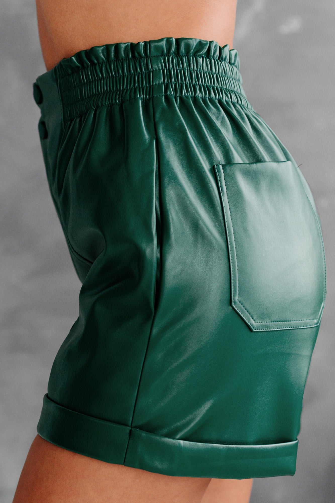 Back Faux More Faux Leather Elastic Waist Shorts (Forest Green)-The Formal Wear