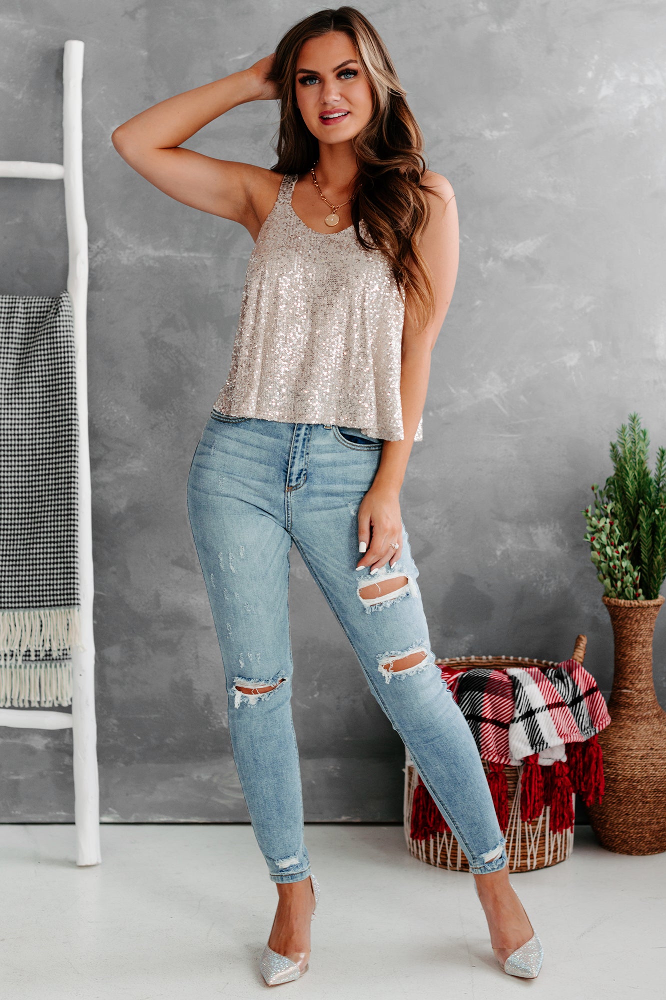 Shine Bright Sequin Tank Top (Champagne)-The Formal Wear