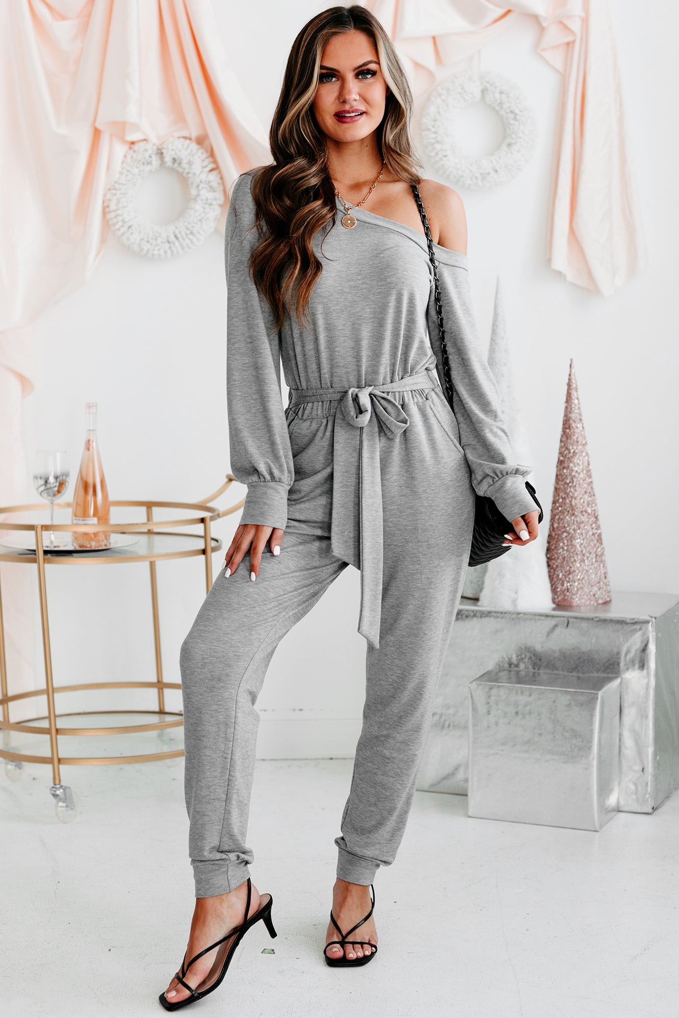Cozy Connections One-Shoulder Tie-Waist Jumpsuit (Grey)-The Formal Wear