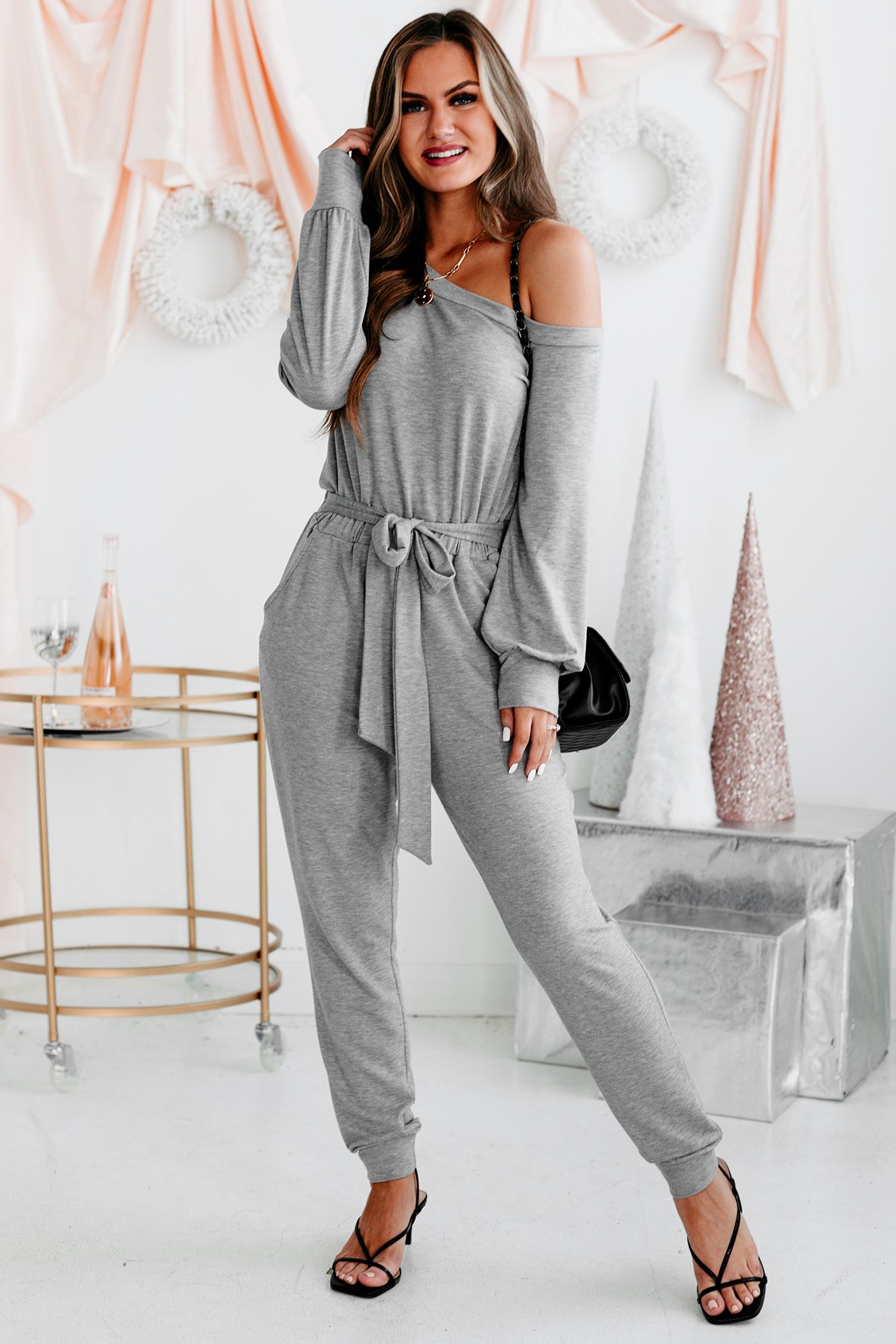 Cozy Connections One-Shoulder Tie-Waist Jumpsuit (Grey)-The Formal Wear