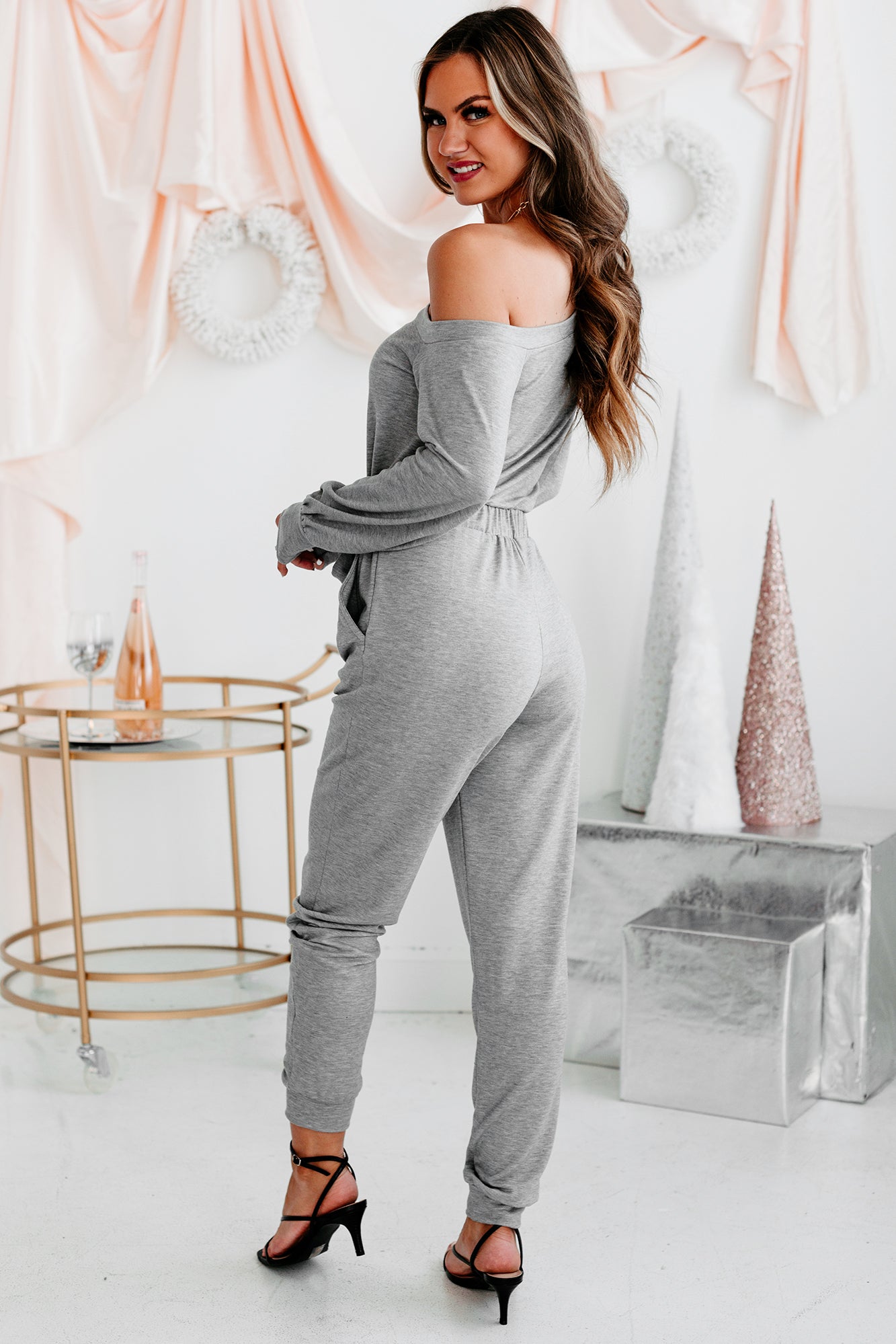 Cozy Connections One-Shoulder Tie-Waist Jumpsuit (Grey)-The Formal Wear