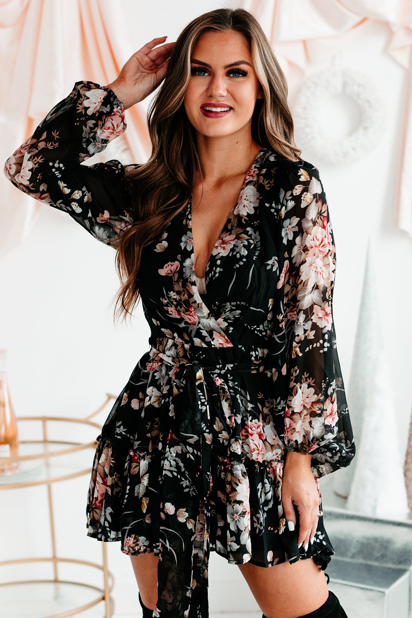 Simply Flourishing Long Sleeve Floral Mini Dress (Black)-The Formal Wear