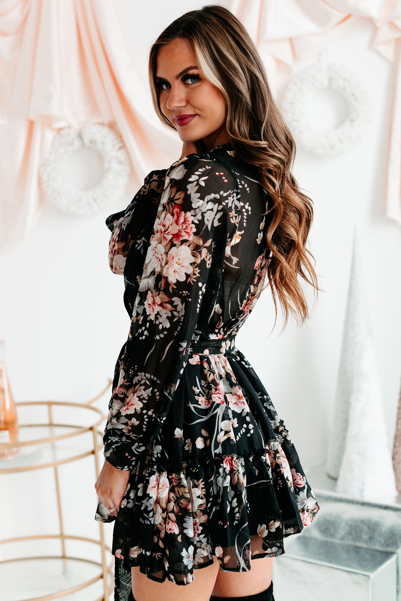 Simply Flourishing Long Sleeve Floral Mini Dress (Black)-The Formal Wear