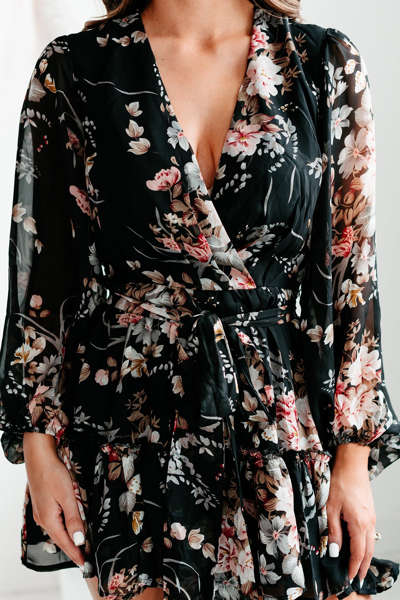 Simply Flourishing Long Sleeve Floral Mini Dress (Black)-The Formal Wear