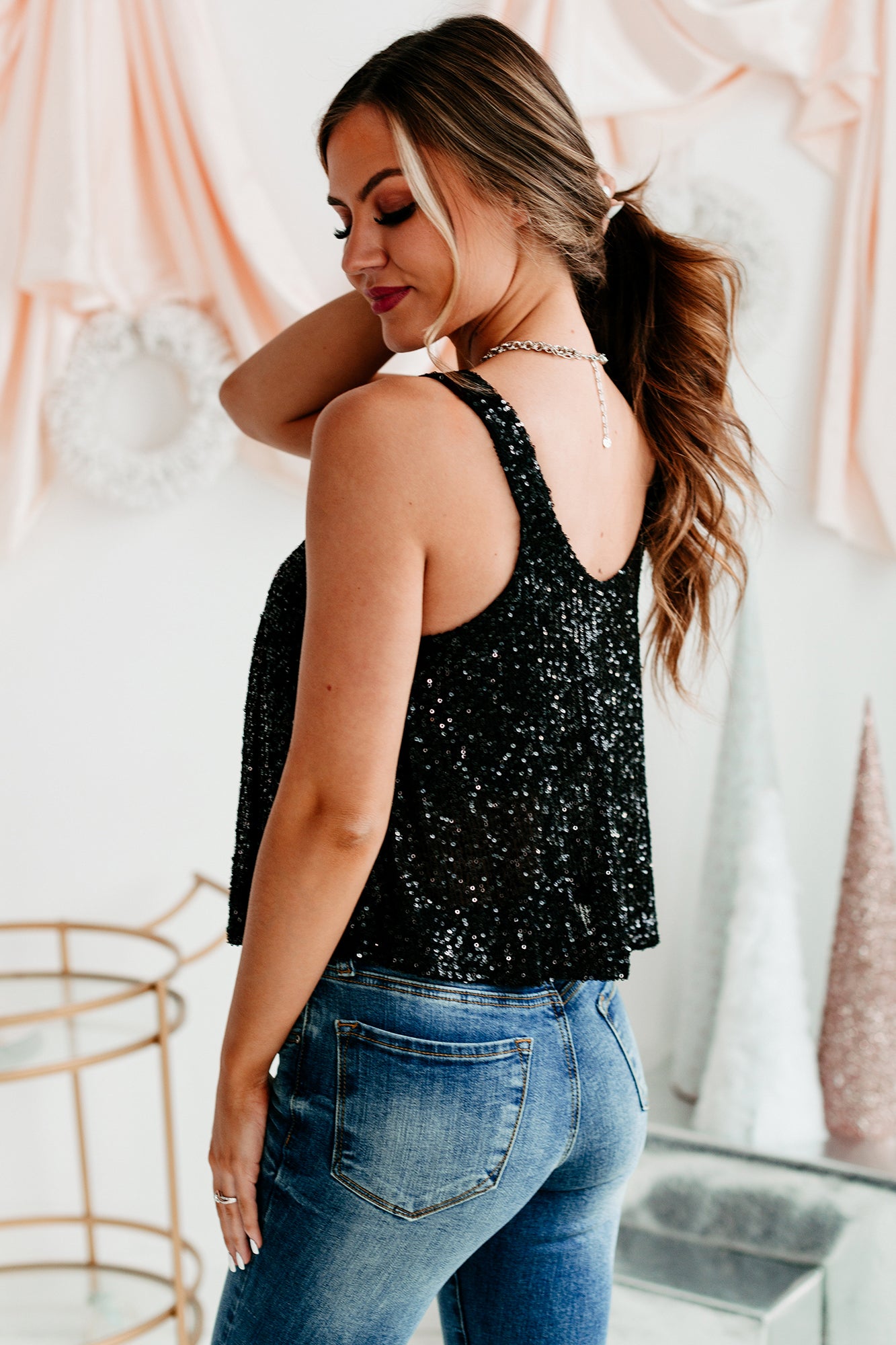 Shine Bright Sequin Tank Top (Black)-The Formal Wear