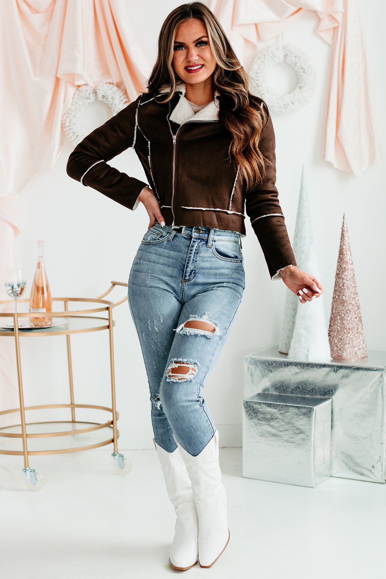 Caught In A Memory Sherpa Lined Faux Suede Jacket (Dark Brown)-The Formal Wear