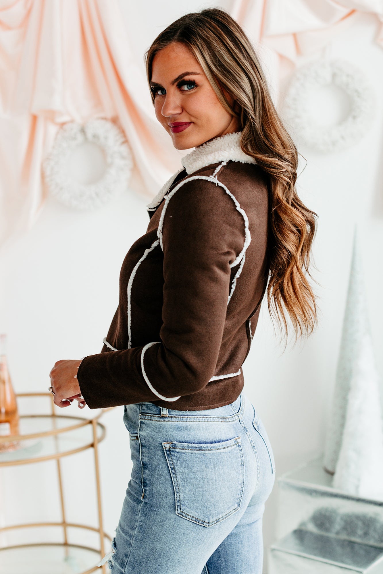 Caught In A Memory Sherpa Lined Faux Suede Jacket (Dark Brown)-The Formal Wear