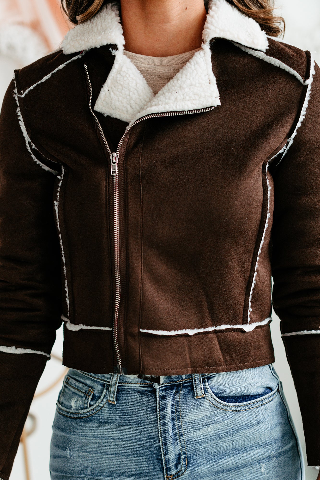 Caught In A Memory Sherpa Lined Faux Suede Jacket (Dark Brown)-The Formal Wear