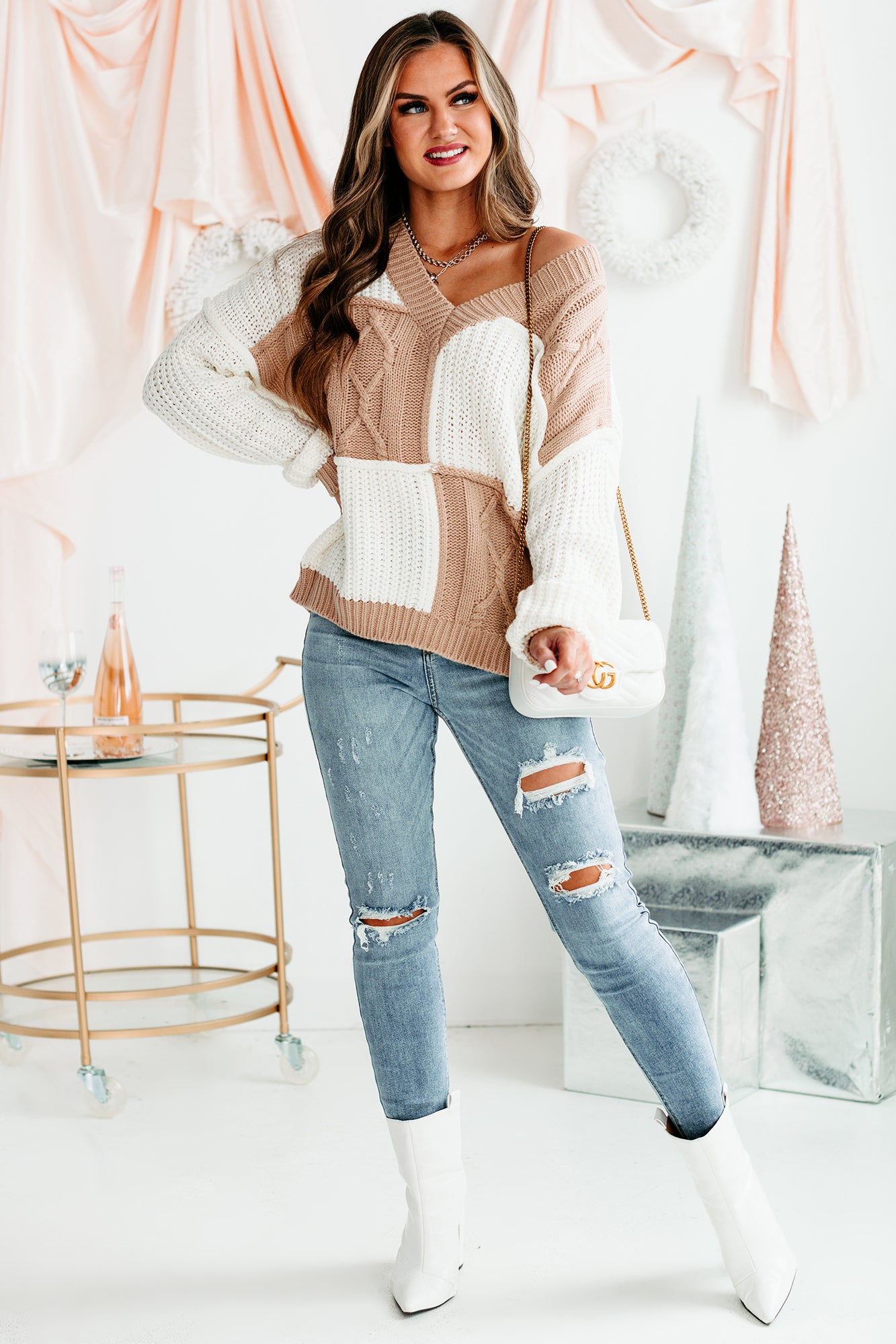 Patchwork Promise Two-Tone Patch Work Sweater (Cream/Taupe)-The Formal Wear