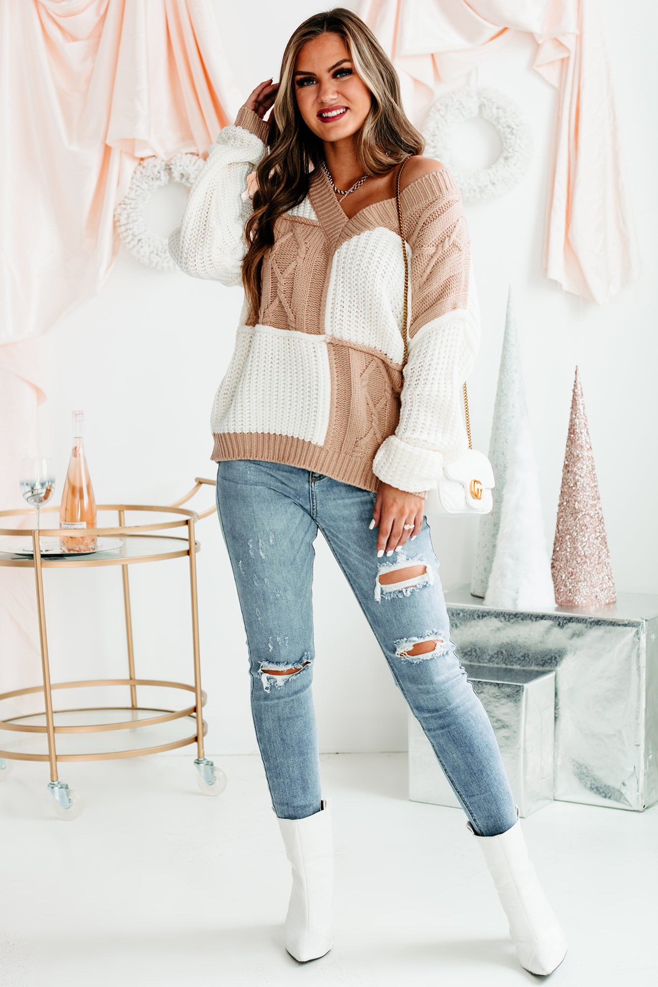 Patchwork Promise Two-Tone Patch Work Sweater (Cream/Taupe)-The Formal Wear