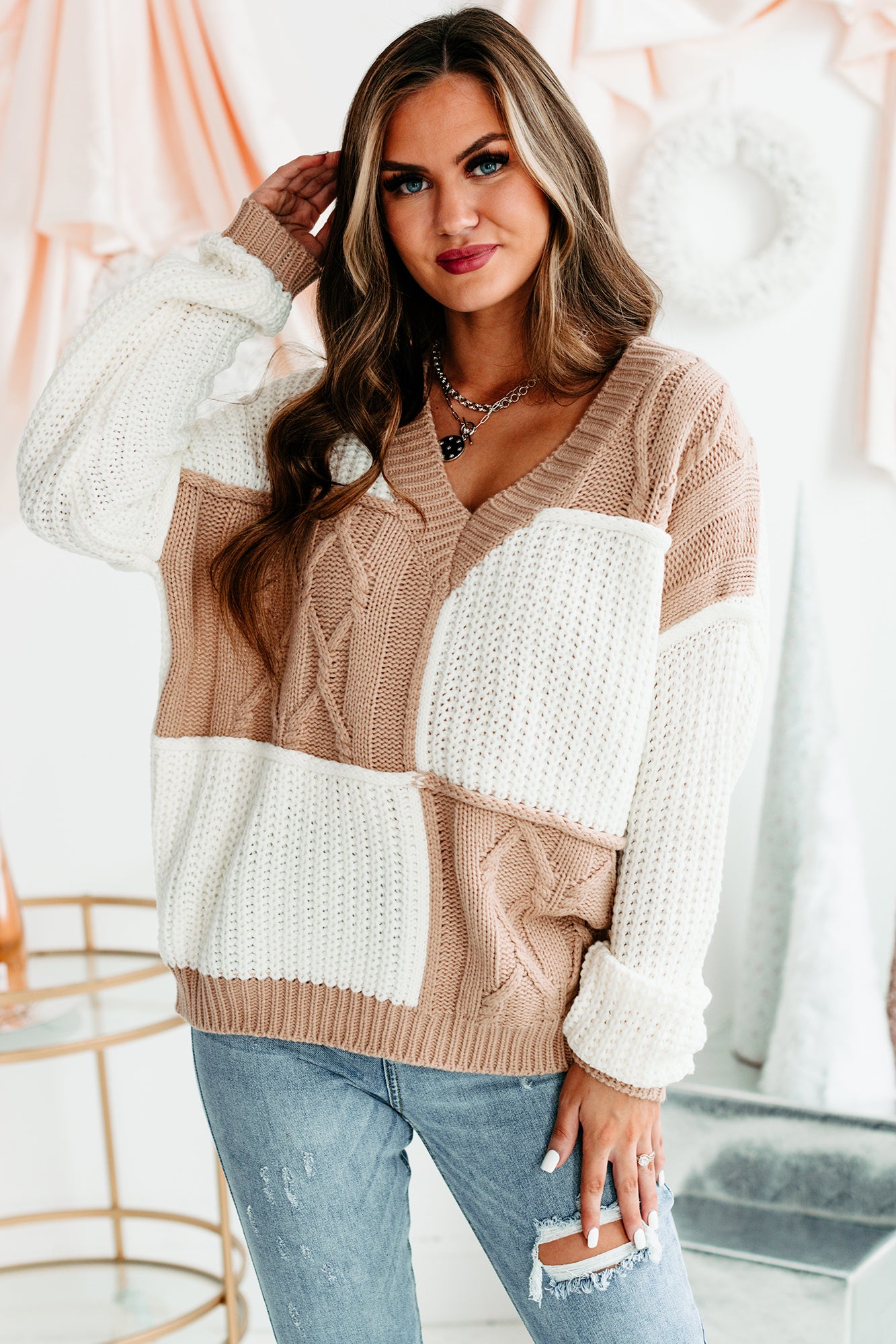 Patchwork Promise Two-Tone Patch Work Sweater (Cream/Taupe)-The Formal Wear
