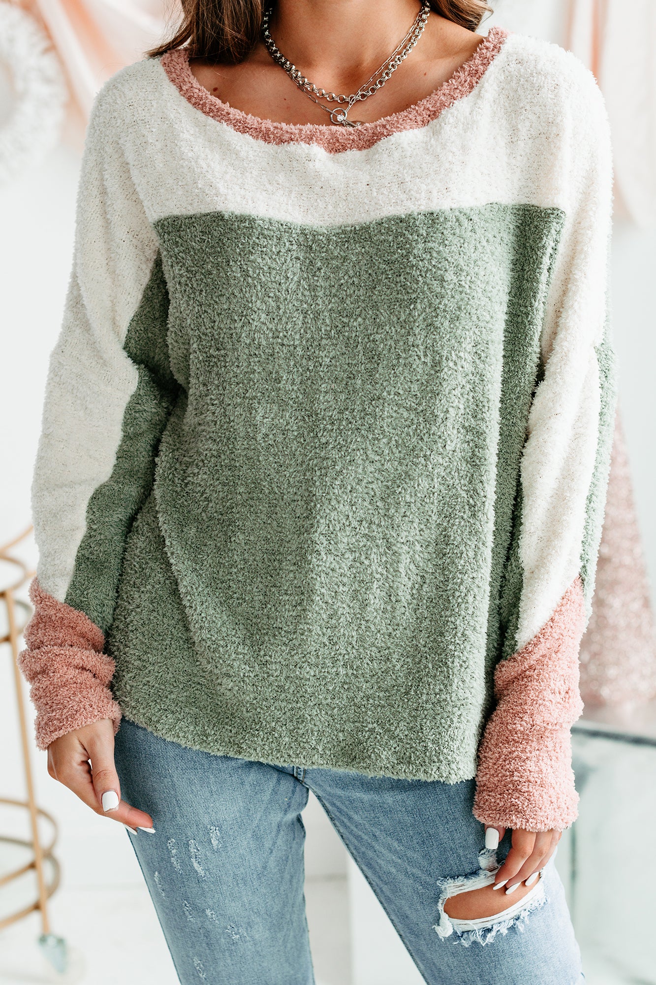 Cozy Girl Fuzzy Knit Sweater (Olive Multi)-The Formal Wear