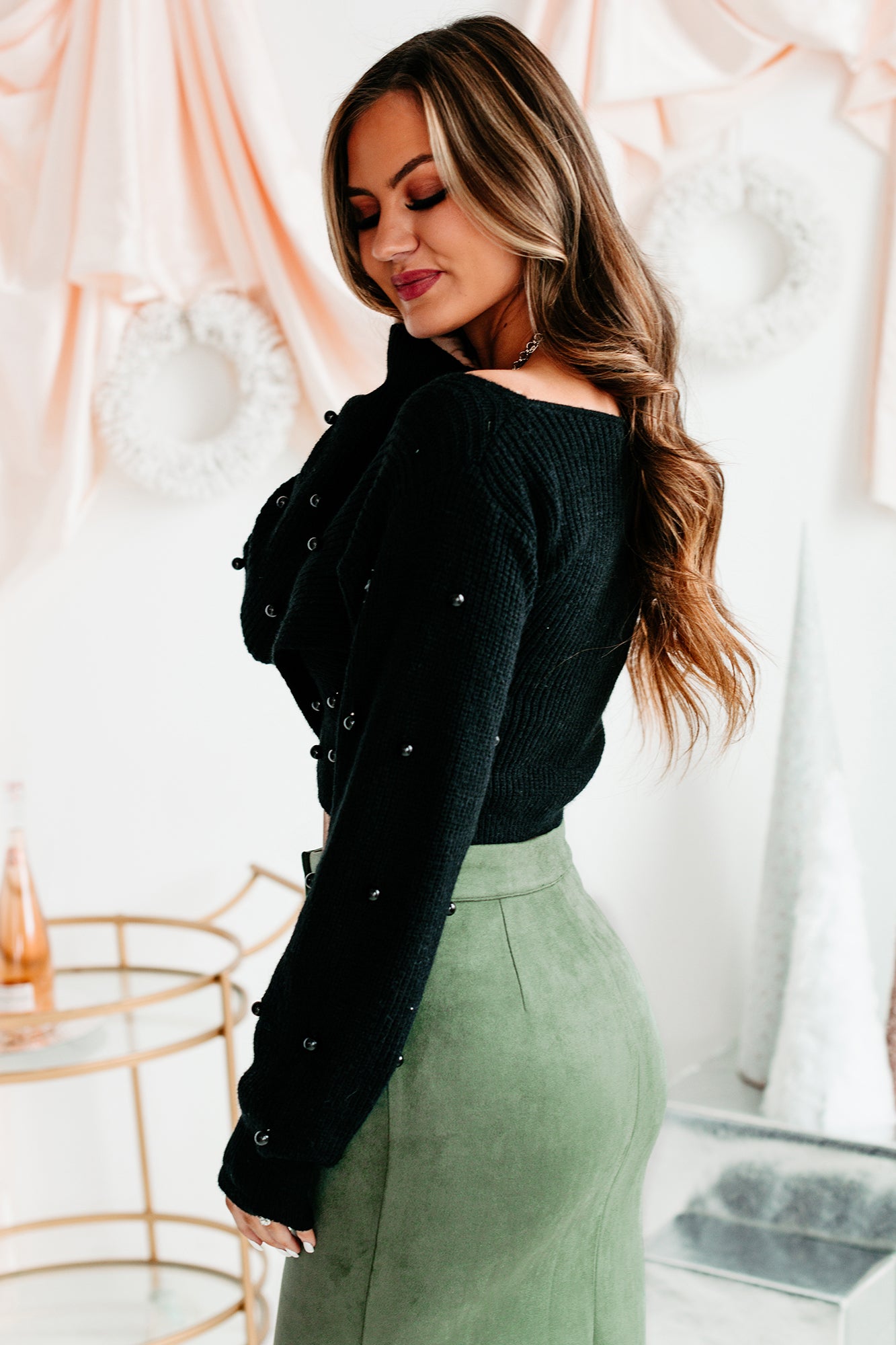 Pearl Next Door Cropped Pearl Embellished Sweater (Black)-The Formal Wear