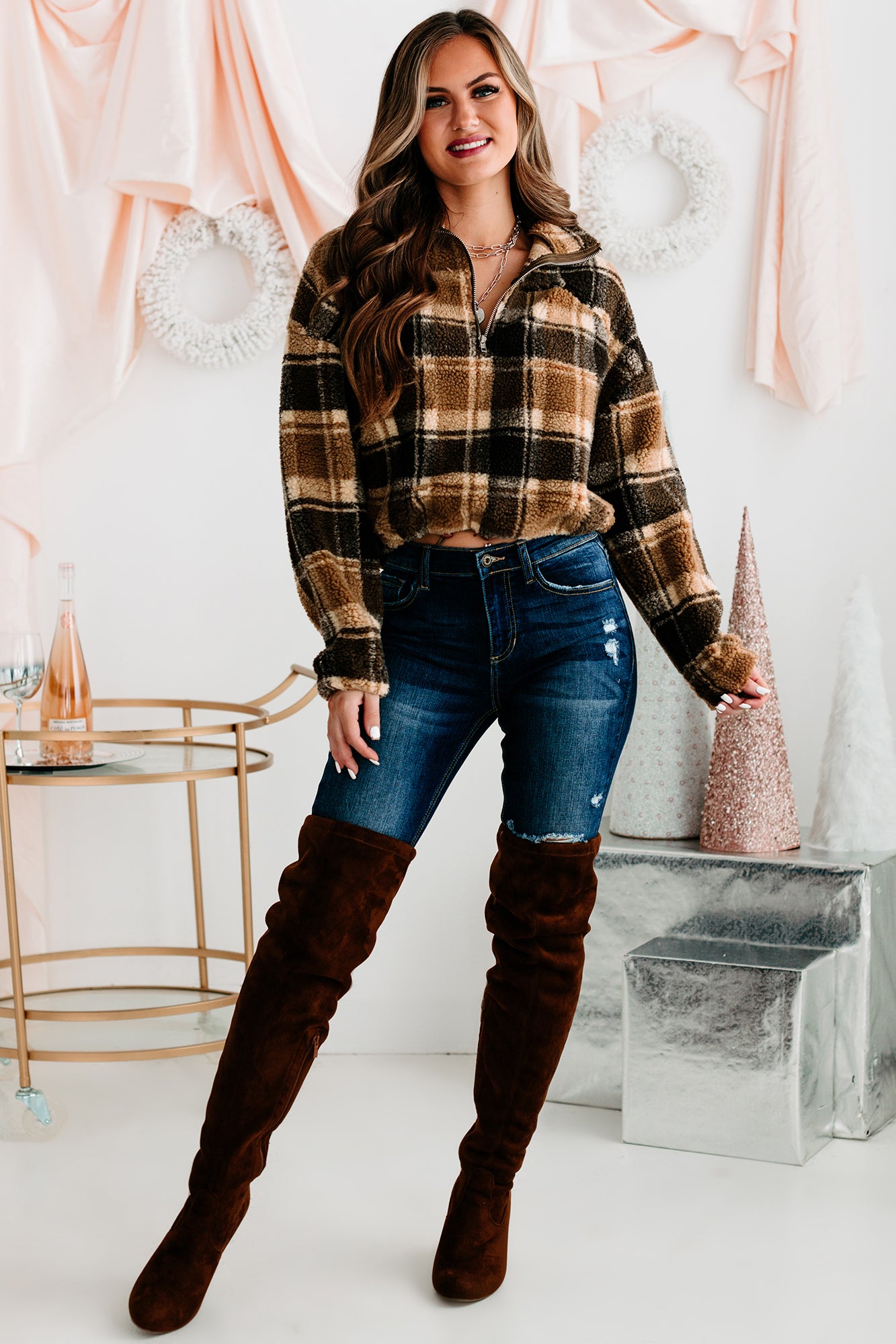 Live Your Truth Plaid Quarter-Zip Pullover (Brown)-The Formal Wear