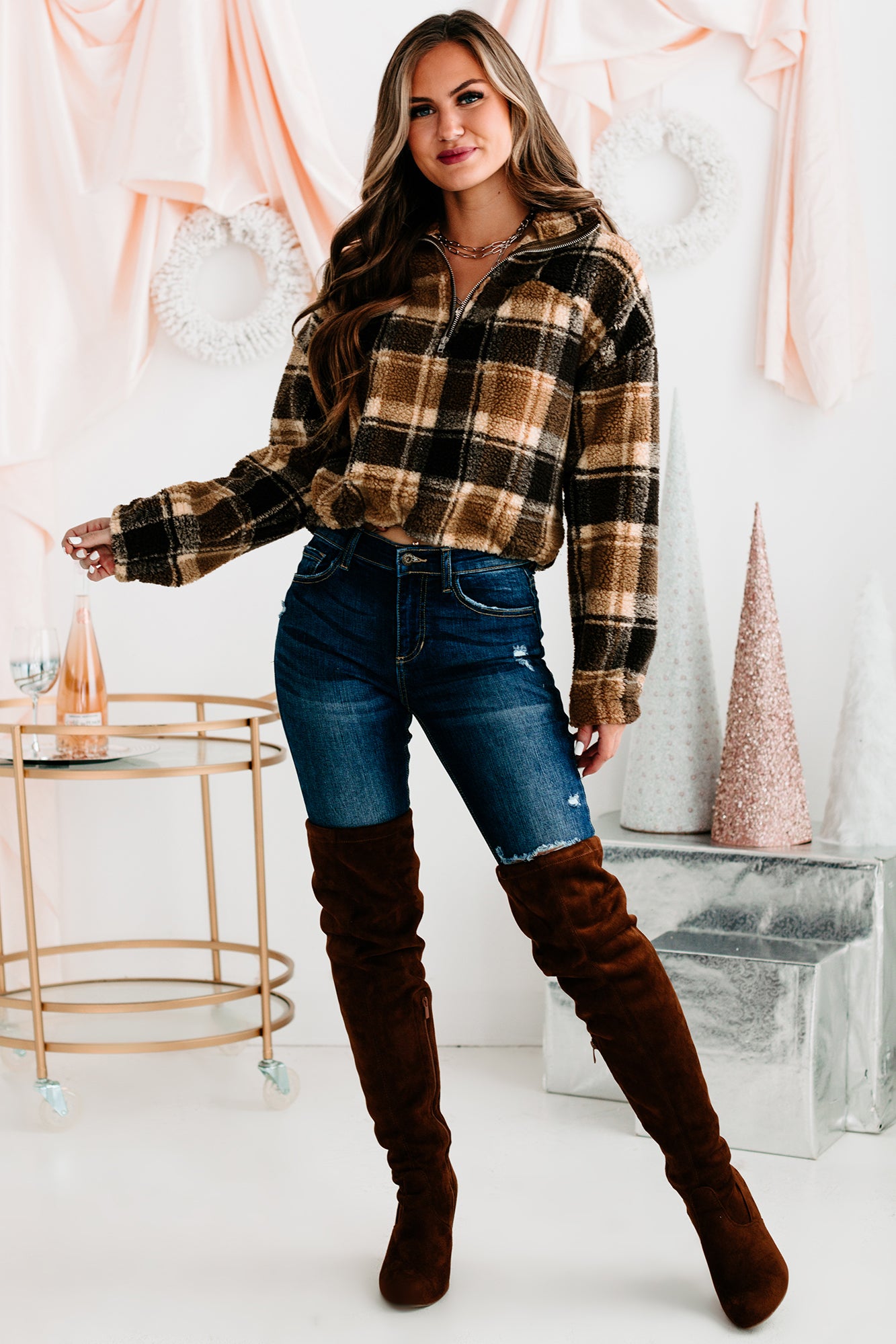 Live Your Truth Plaid Quarter-Zip Pullover (Brown)-The Formal Wear