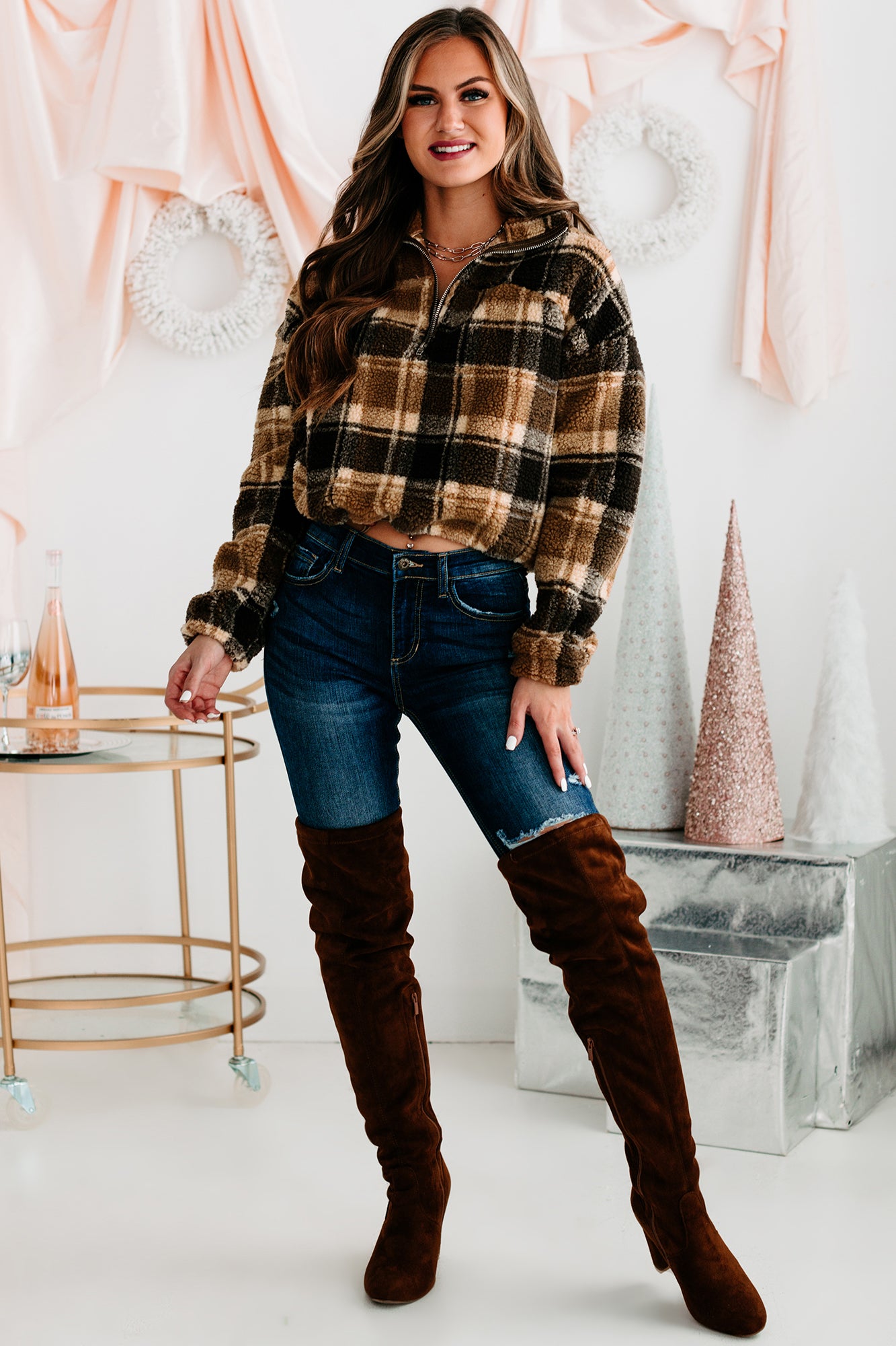 Live Your Truth Plaid Quarter-Zip Pullover (Brown)-The Formal Wear