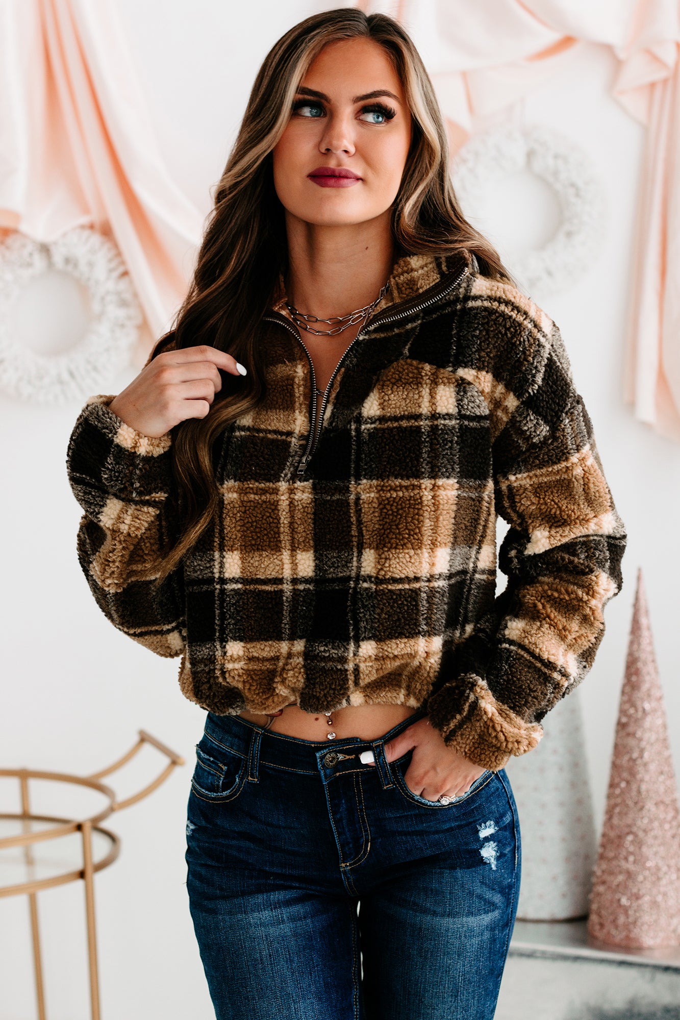 Live Your Truth Plaid Quarter-Zip Pullover (Brown)-The Formal Wear