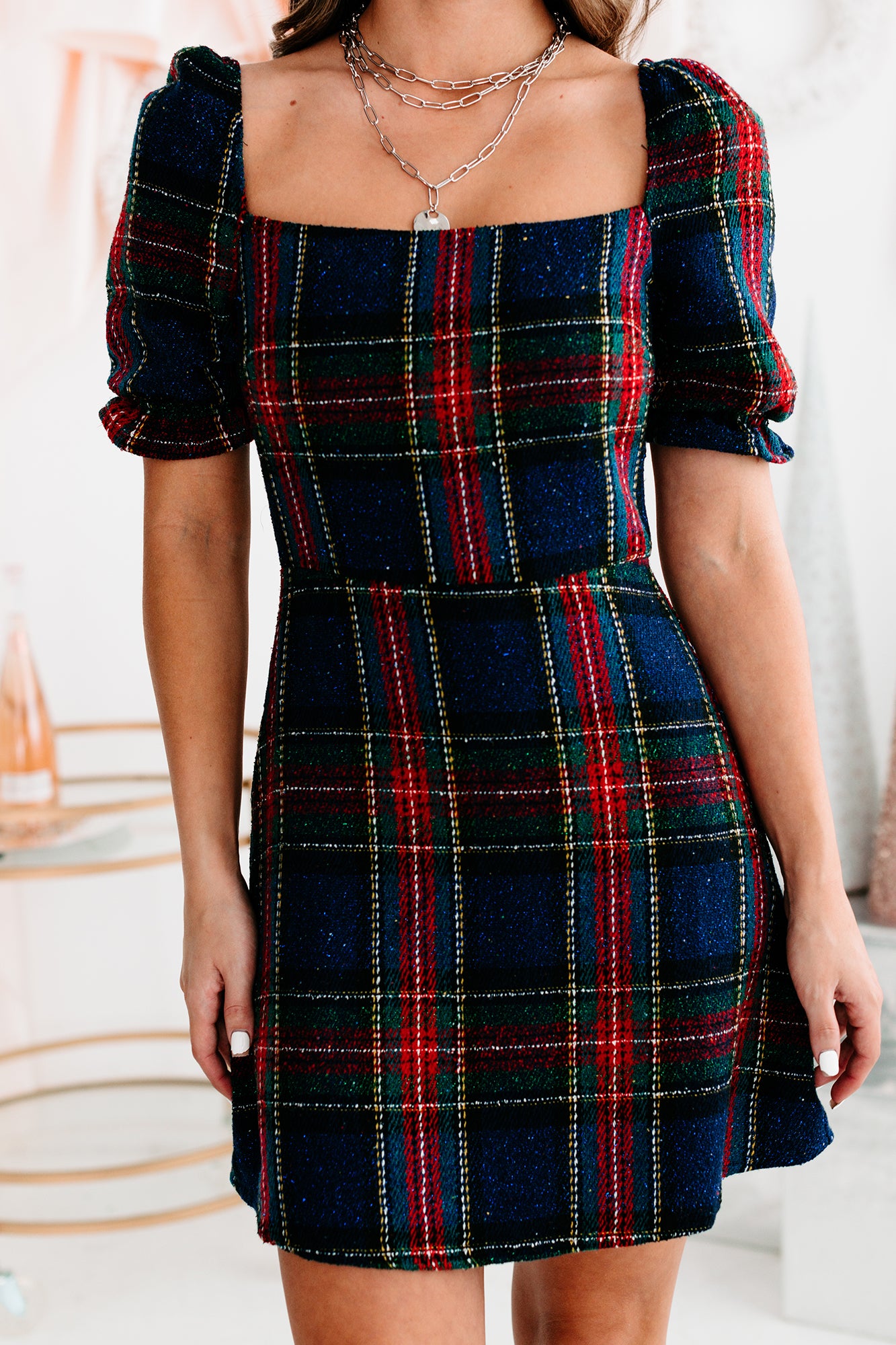 Plaid The Halls Short Sleeve Plaid Mini Dress (Navy/Red)-The Formal Wear