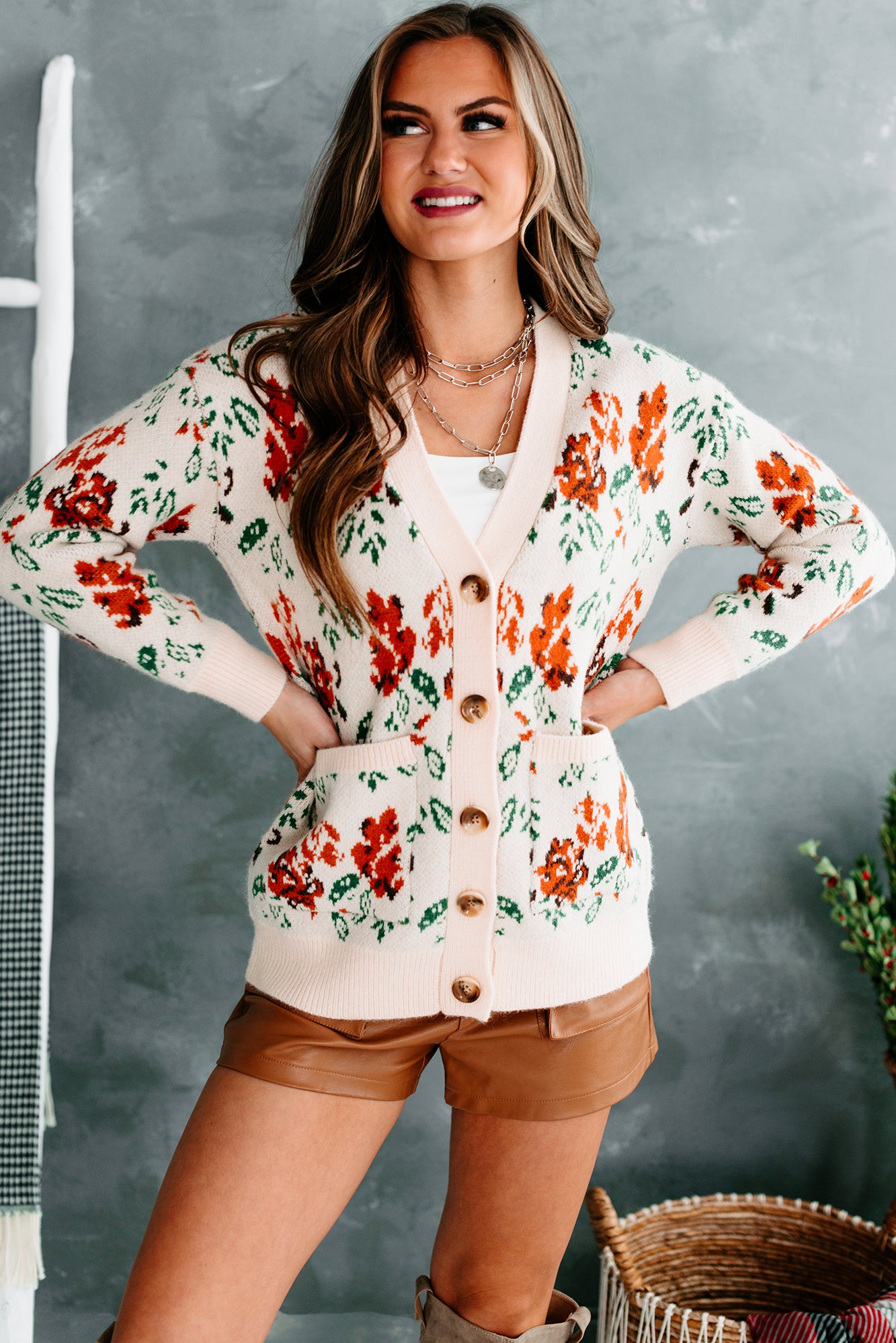 Elmira Floral Knit Button-Front Cardigan (Cream)-The Formal Wear
