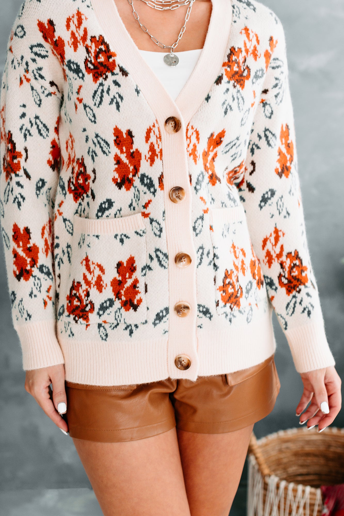 Elmira Floral Knit Button-Front Cardigan (Cream)-The Formal Wear