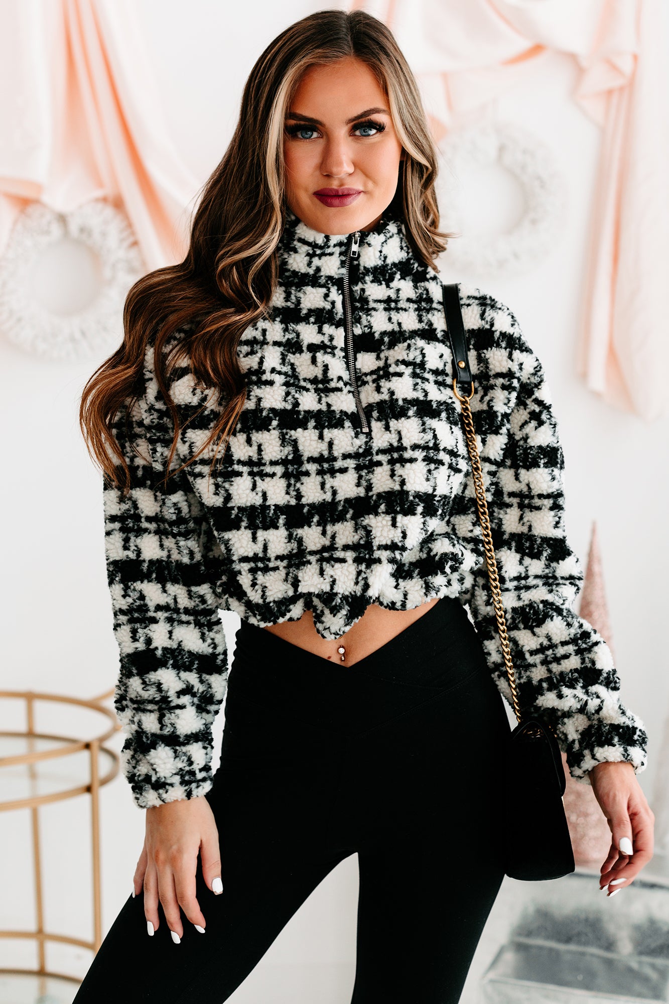 Live Your Truth Houndstooth Cropped Quarter-Zip Pullover (Black)-The Formal Wear