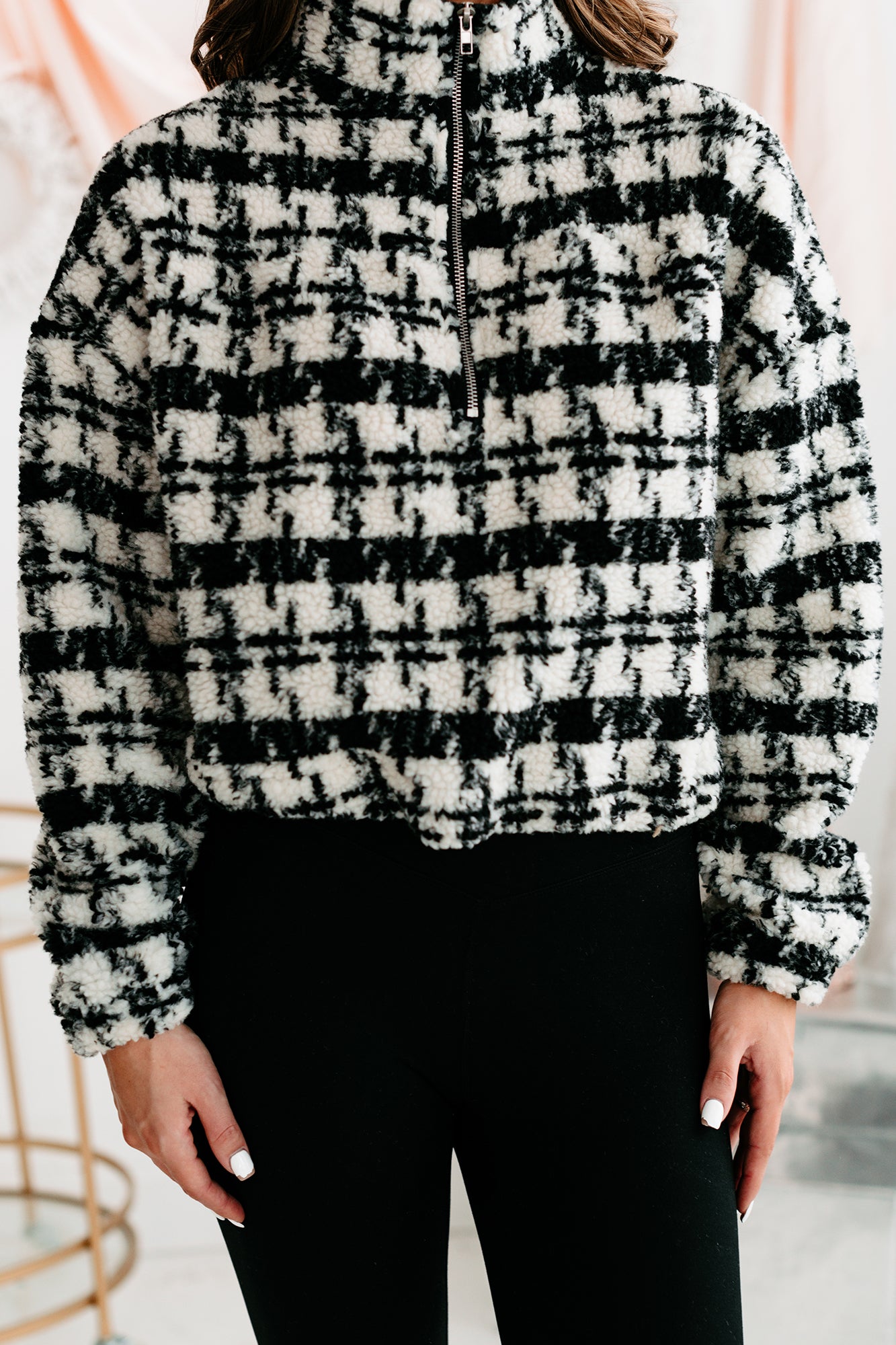 Live Your Truth Houndstooth Cropped Quarter-Zip Pullover (Black)-The Formal Wear