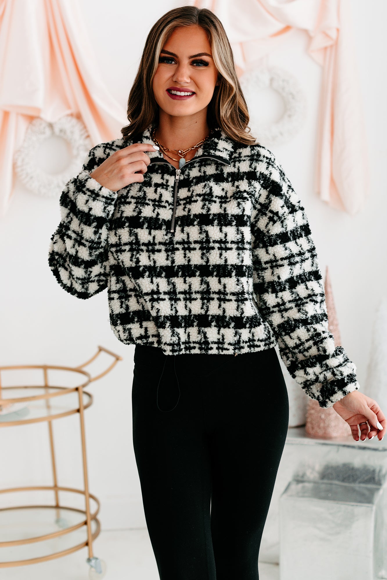 Live Your Truth Houndstooth Cropped Quarter-Zip Pullover (Black)-The Formal Wear