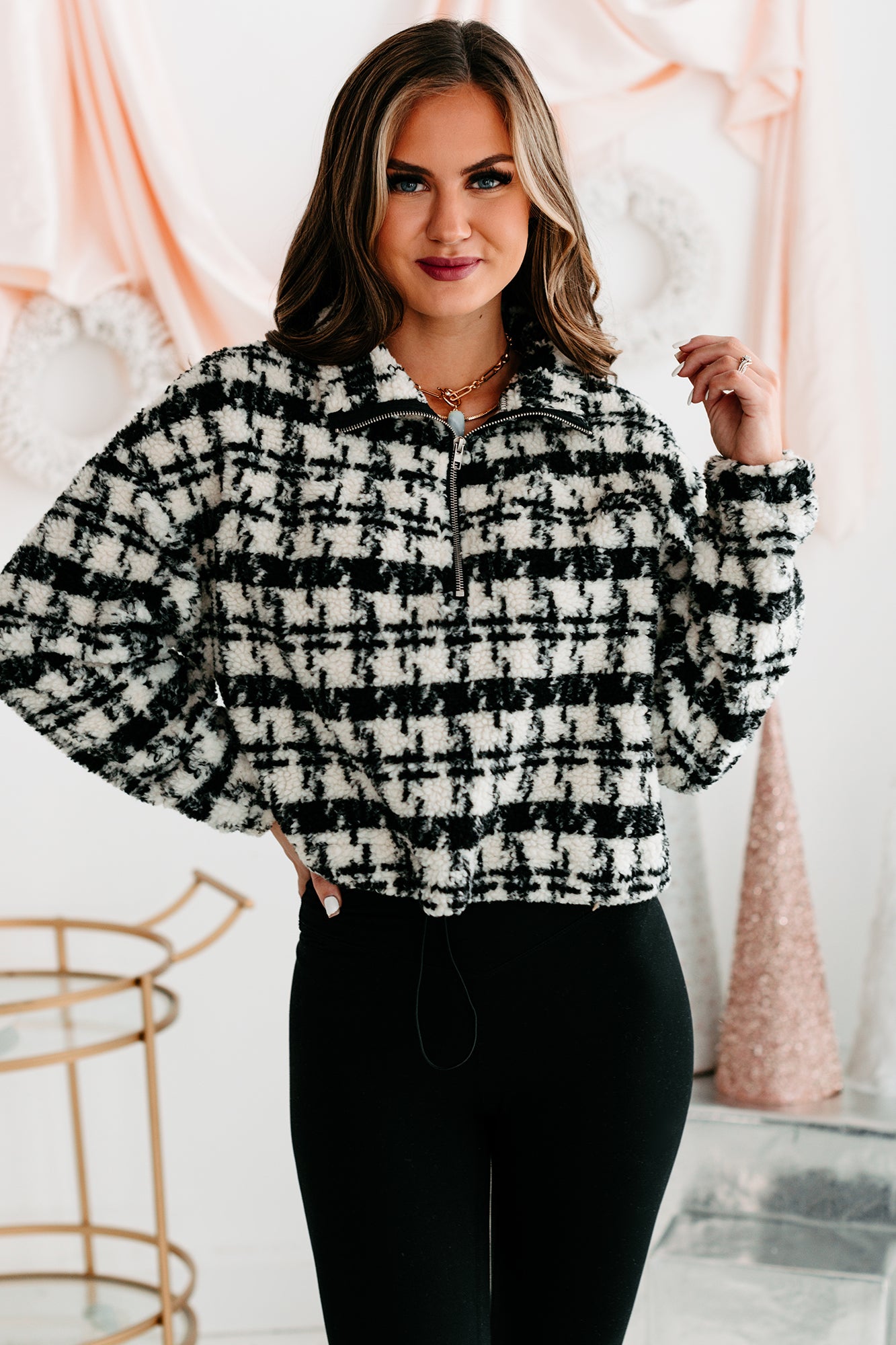 Live Your Truth Houndstooth Cropped Quarter-Zip Pullover (Black)-The Formal Wear