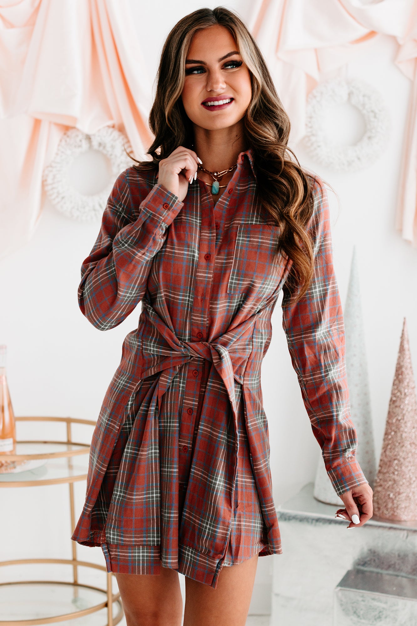Plaidtastic Tie-Waist Plaid Shirt Dress (Orange Multi)-The Formal Wear