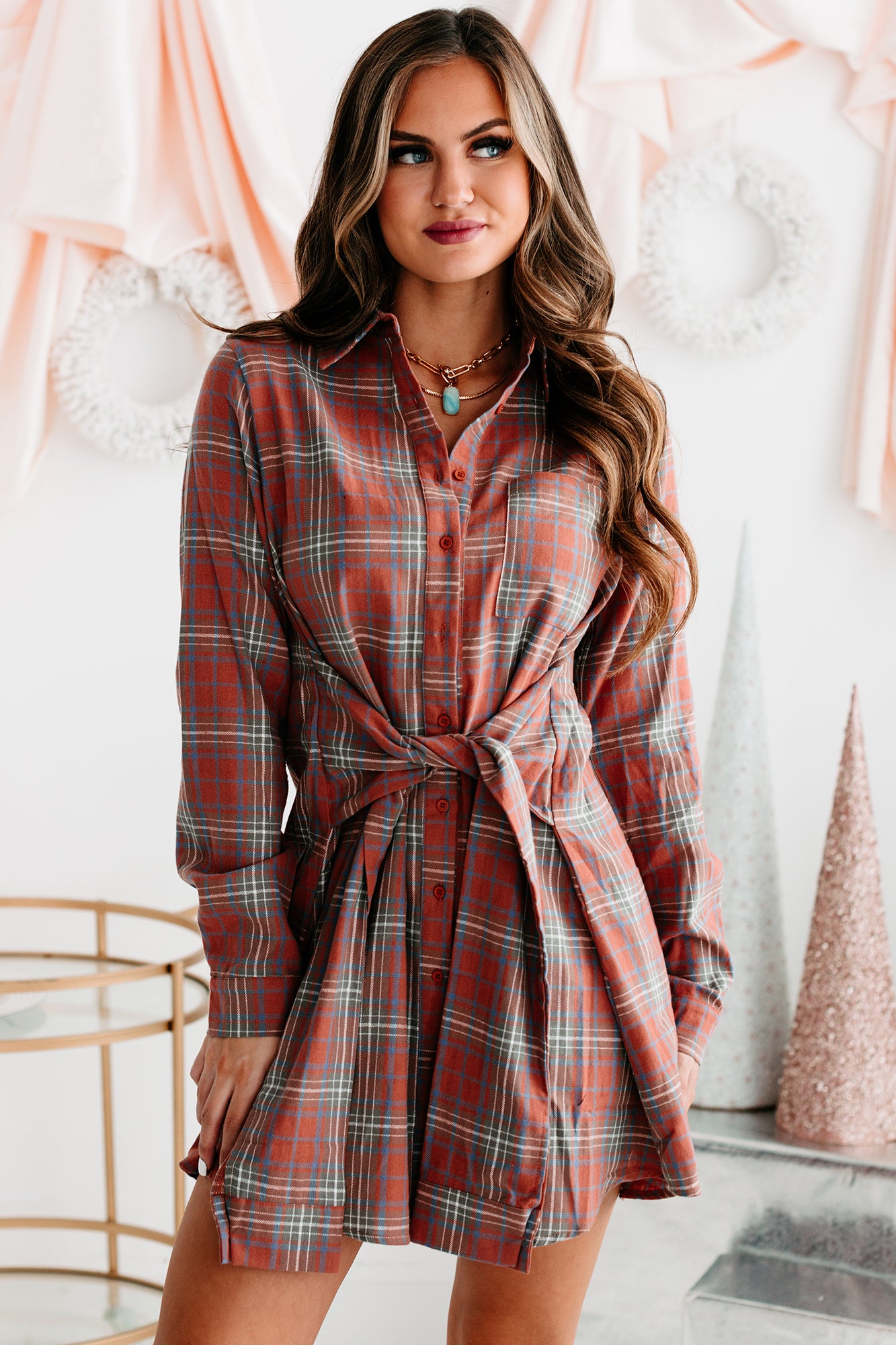 Plaidtastic Tie-Waist Plaid Shirt Dress (Orange Multi)-The Formal Wear