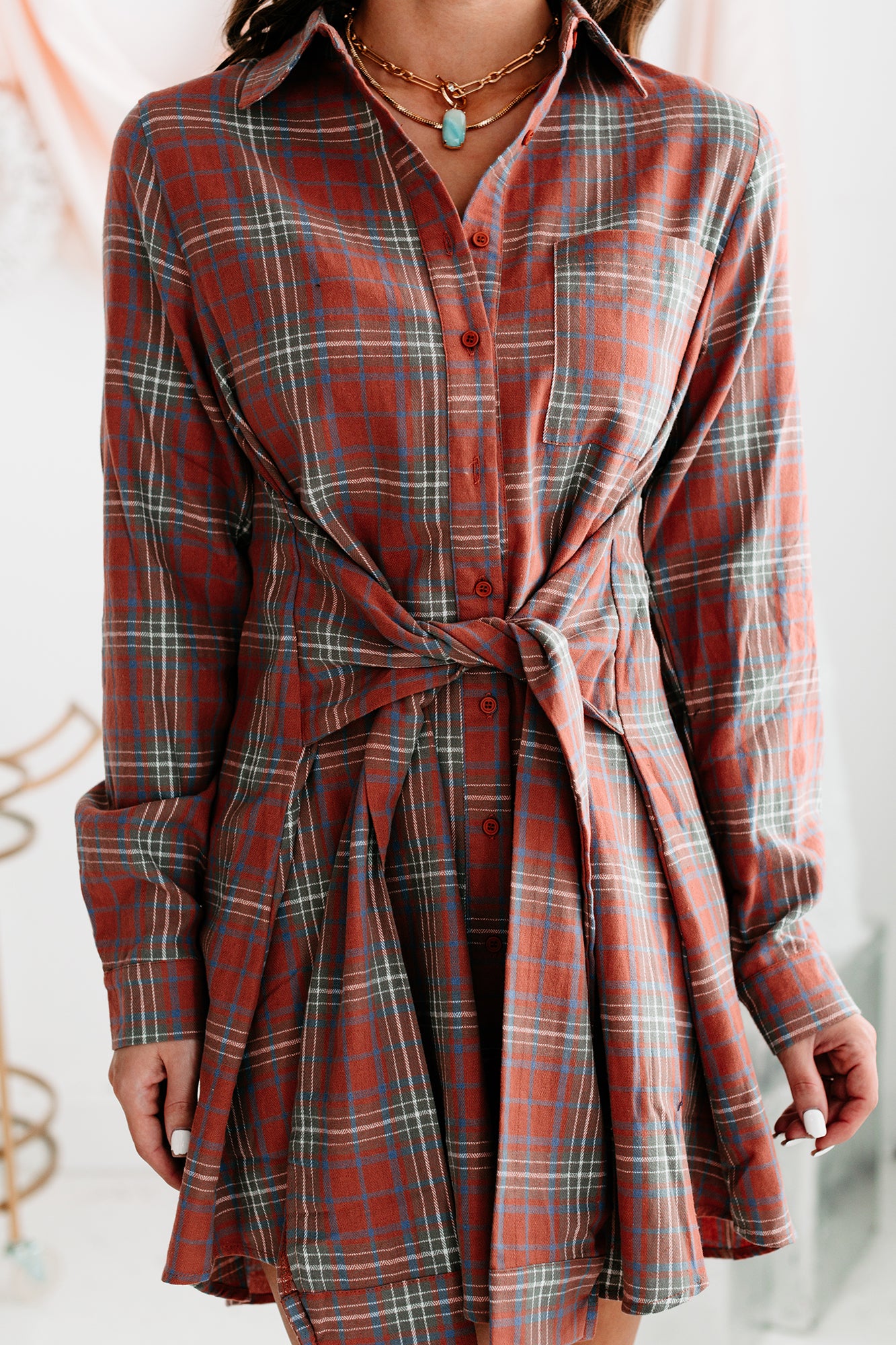Plaidtastic Tie-Waist Plaid Shirt Dress (Orange Multi)-The Formal Wear