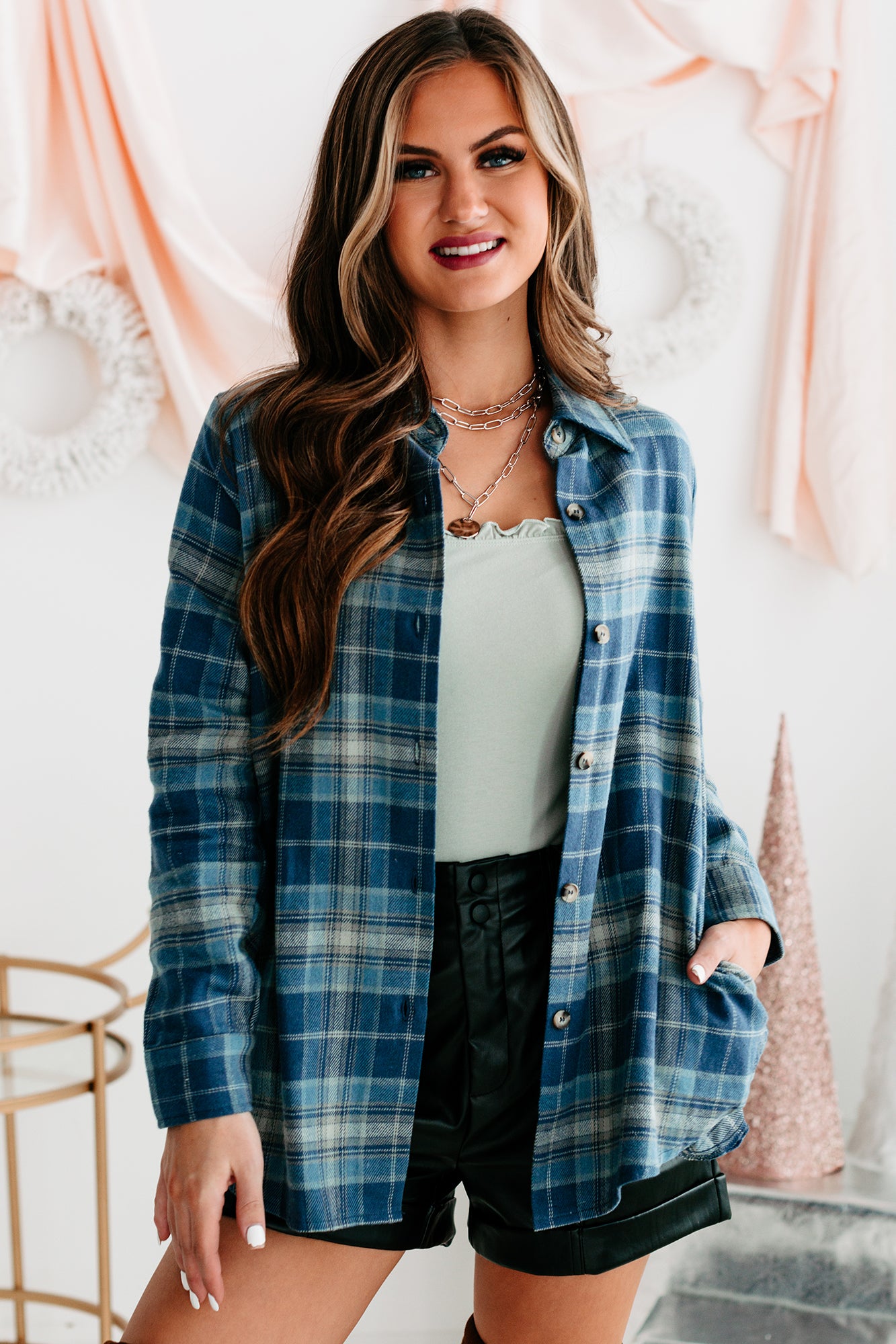 Bringing On Autumn Plaid Button Front Flannel Top (Blue)-The Formal Wear
