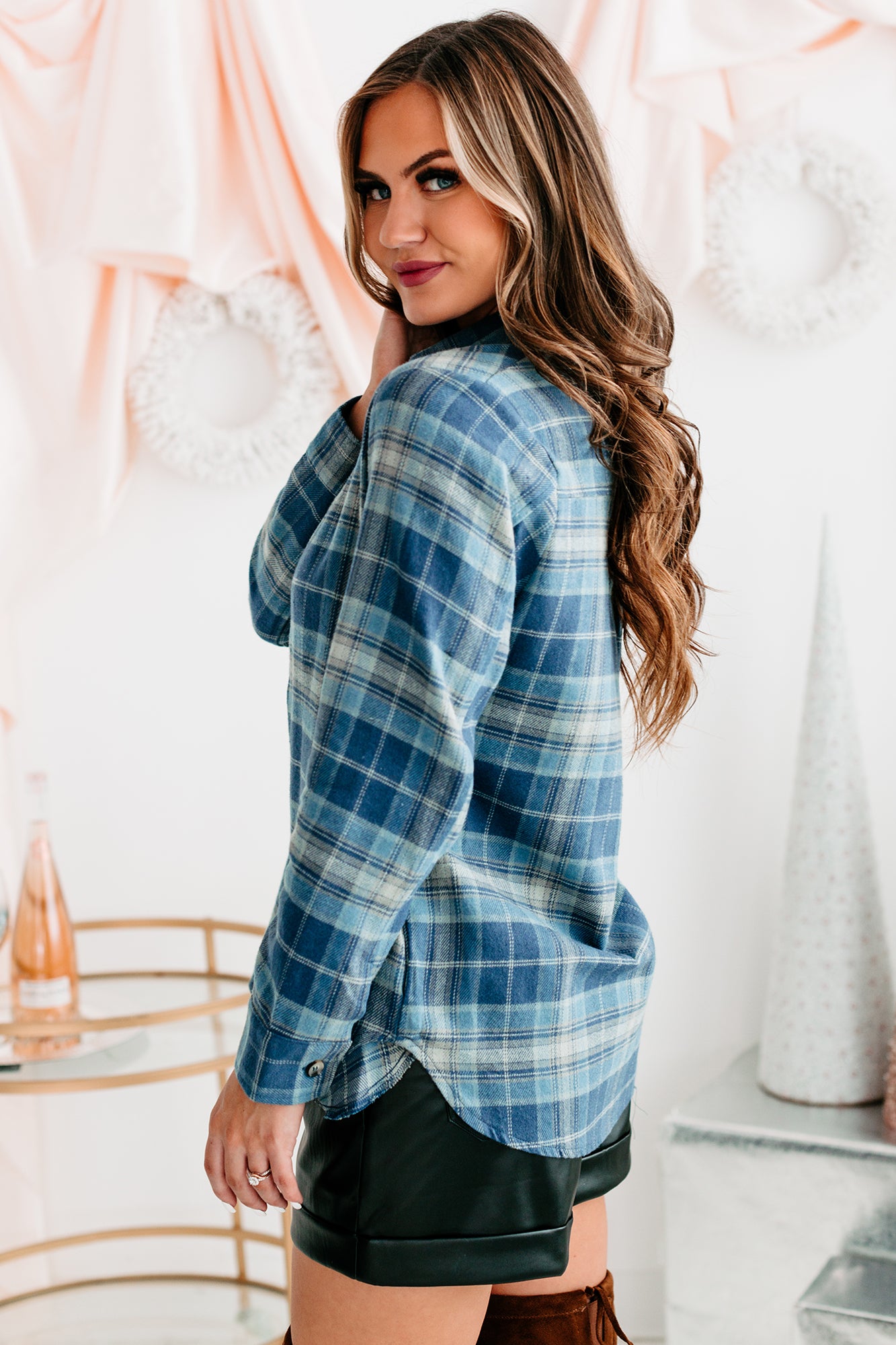 Bringing On Autumn Plaid Button Front Flannel Top (Blue)-The Formal Wear