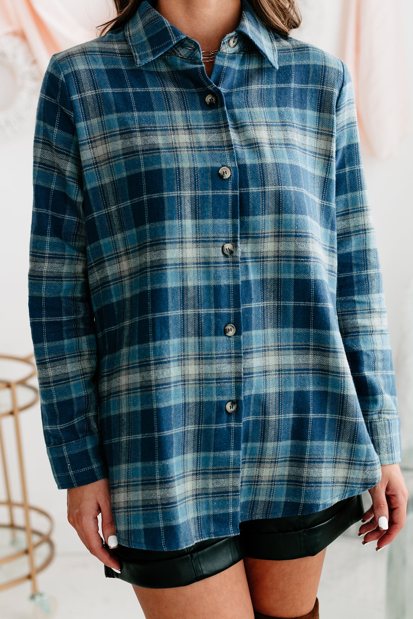 Bringing On Autumn Plaid Button Front Flannel Top (Blue)-The Formal Wear