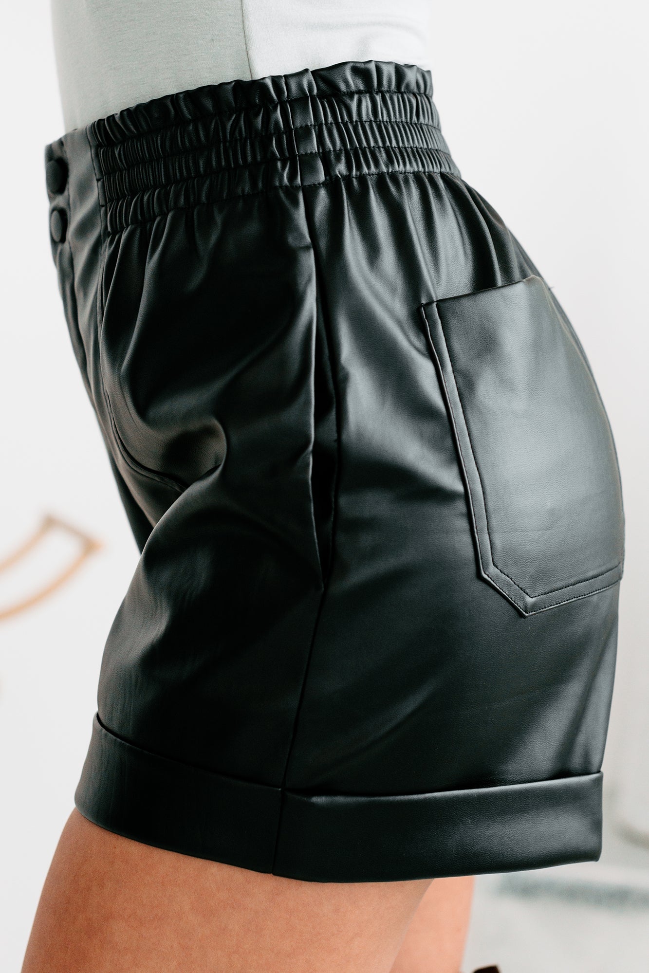 Back Faux More Faux Leather Elastic Waist Shorts (Black)-The Formal Wear