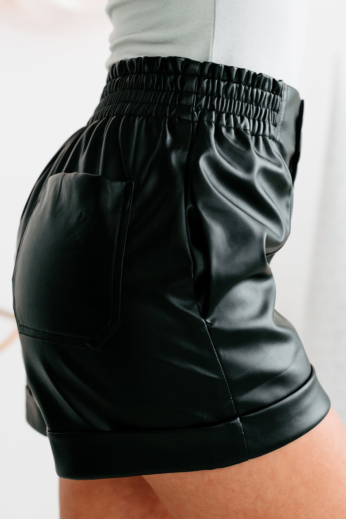 Back Faux More Faux Leather Elastic Waist Shorts (Black)-The Formal Wear