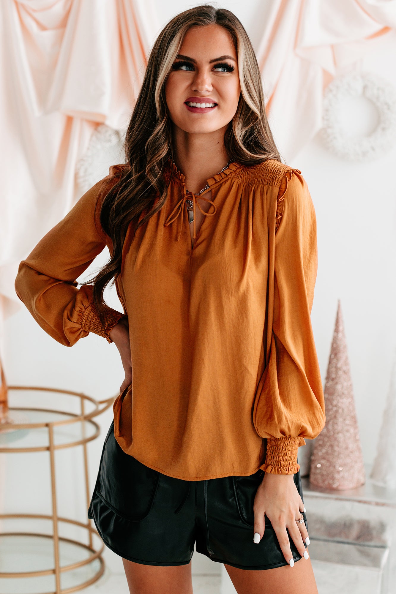 Family Affair Keyhole Satin Blouse (Camel)-The Formal Wear