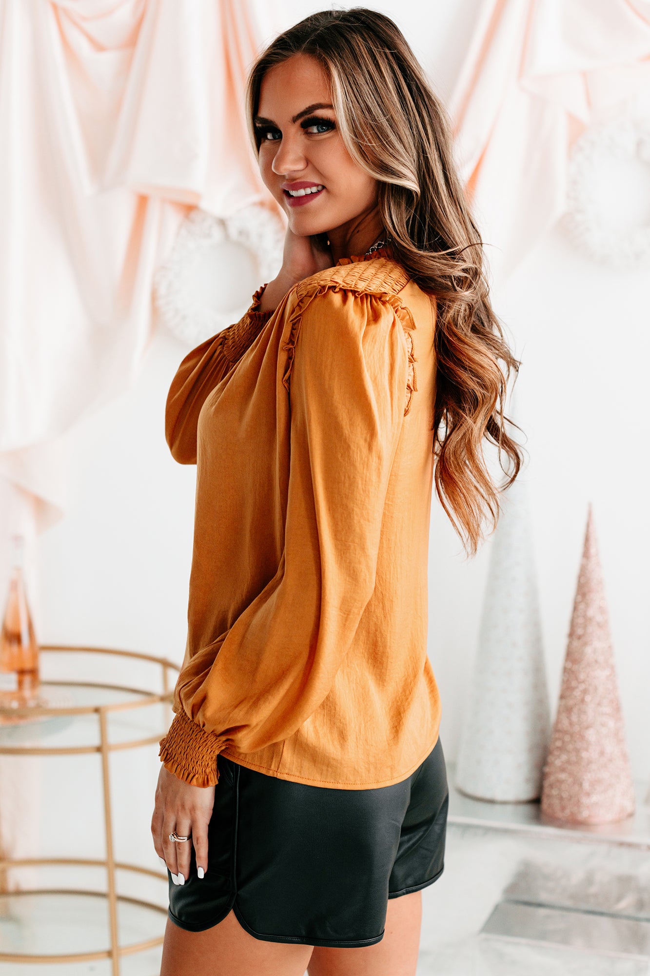 Family Affair Keyhole Satin Blouse (Camel)-The Formal Wear