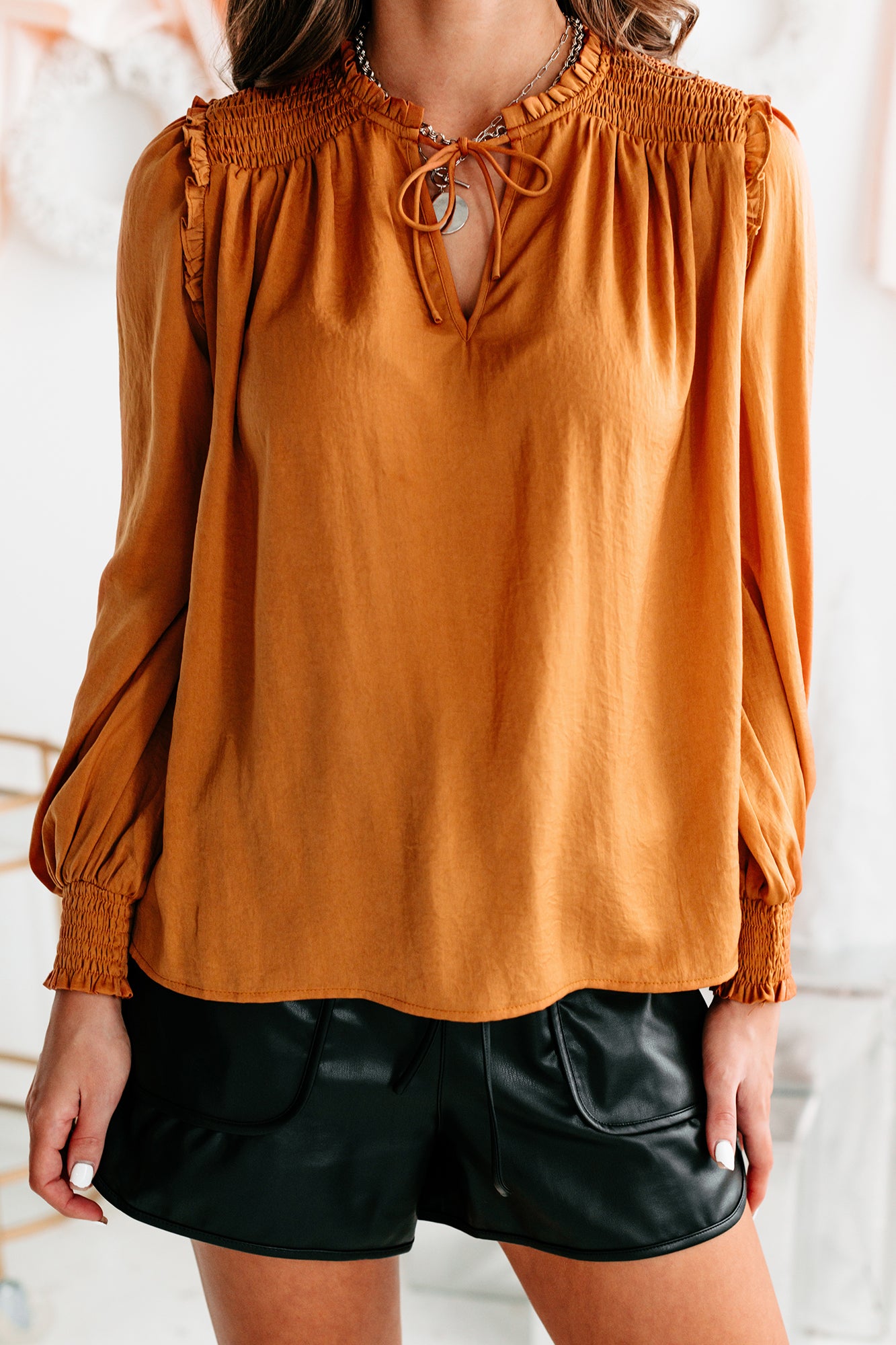 Family Affair Keyhole Satin Blouse (Camel)-The Formal Wear