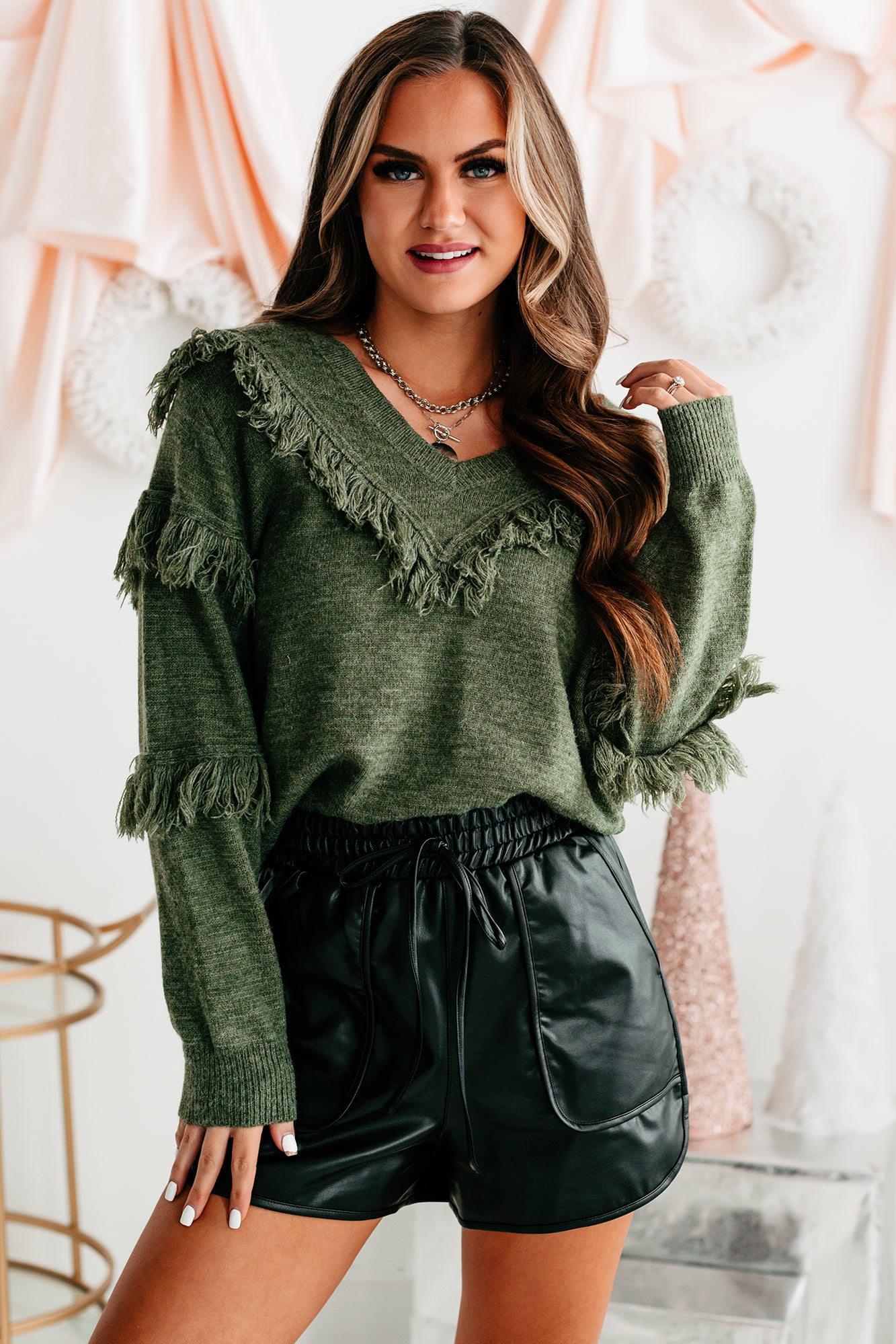 Feeling Fringy V-Neck Fringe Detail Sweater (Olive)-The Formal Wear