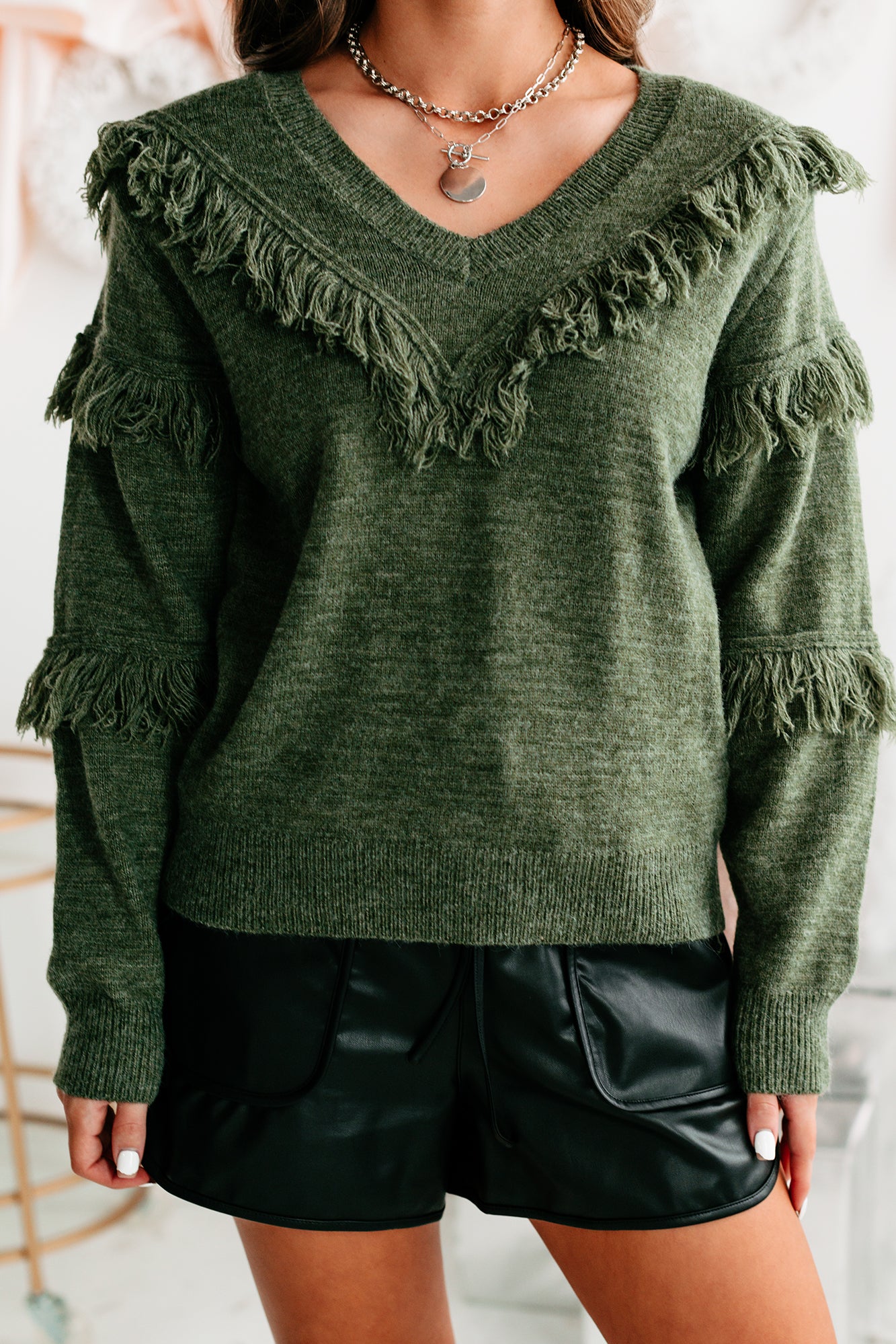 Feeling Fringy V-Neck Fringe Detail Sweater (Olive)-The Formal Wear
